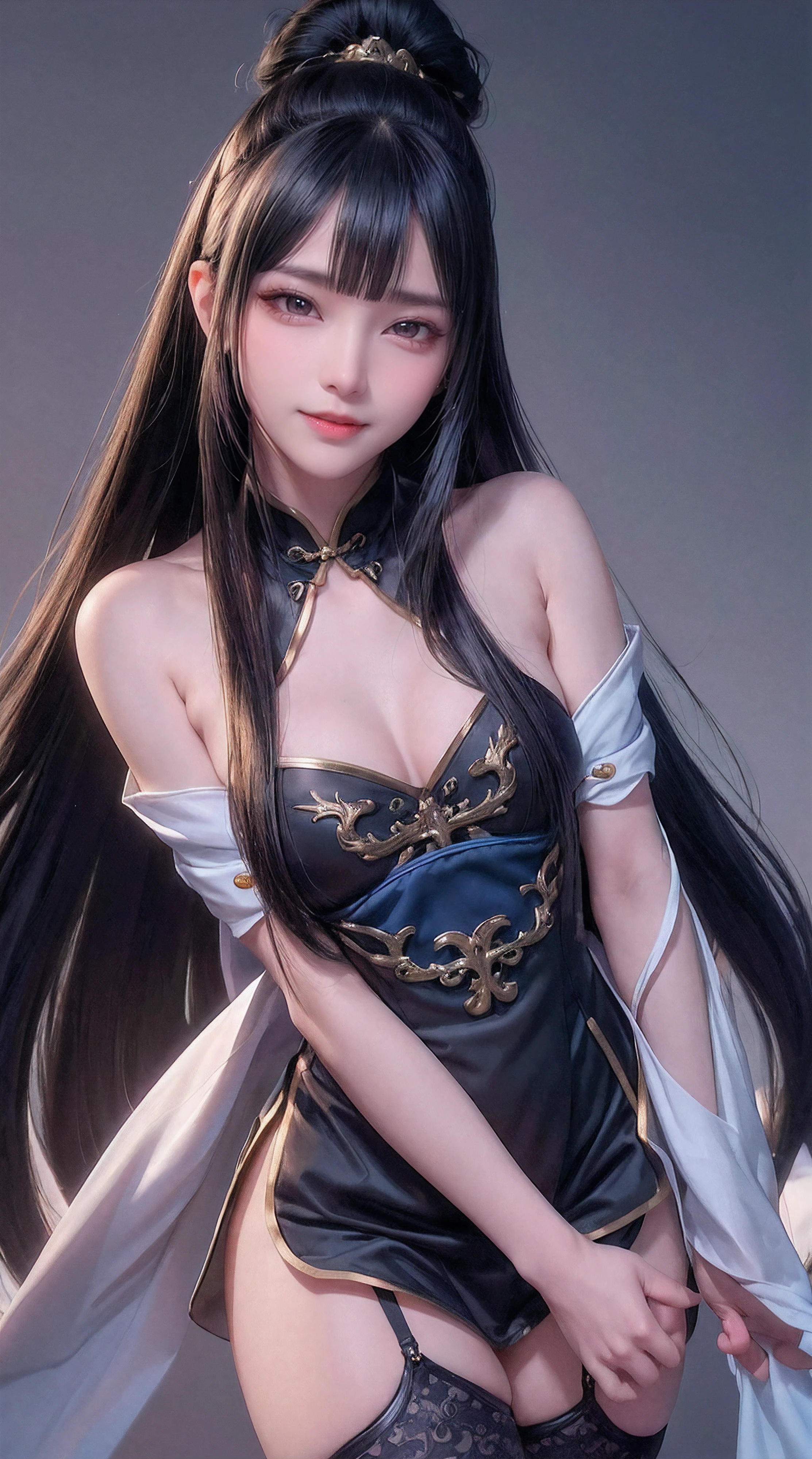 (from front:1.5),POV,China,Dark Big Oriental eyes,Black long hair gathered in a Chinese ponytail,metal shoulder,Blend of blue gold,white Pattern, Dragon Pattern,arms behind back,hands behind heads, black lence stockings,Strangle,smile,ultra high res, (photorealistic:1.4), raw photo,16K,dramatic lighting,small breast,