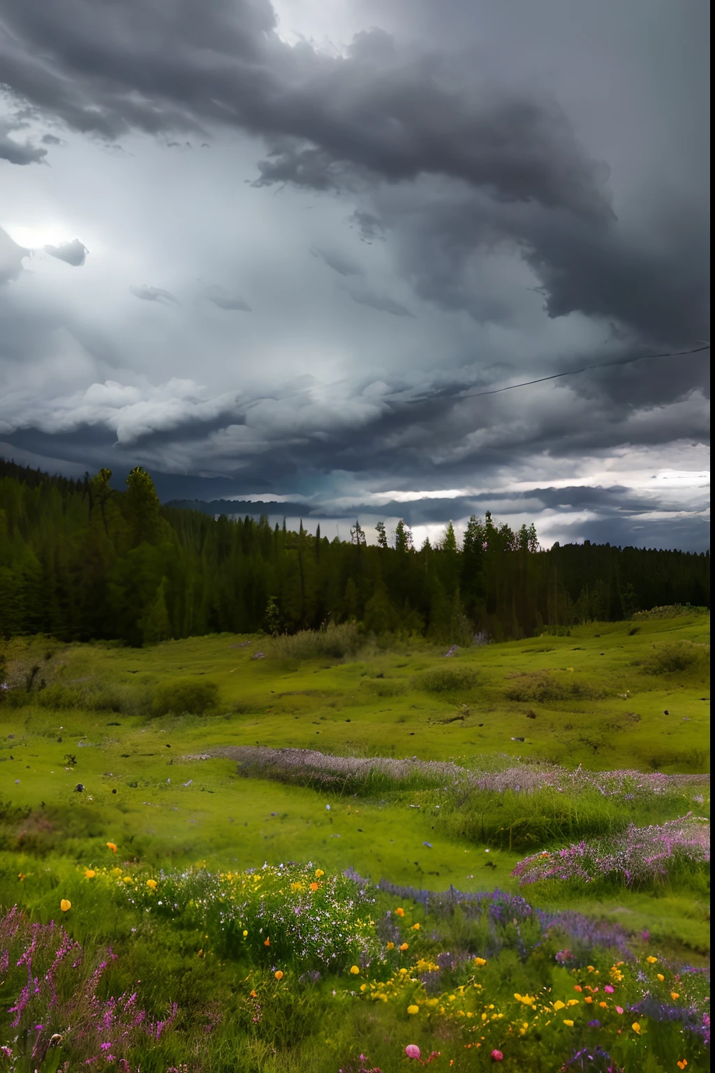 in the middle of nature under a stormy sky full of clouds, fotografia bonita, local detalhado e lindo, cores frias, plantas e arbustos, flores, montanhas