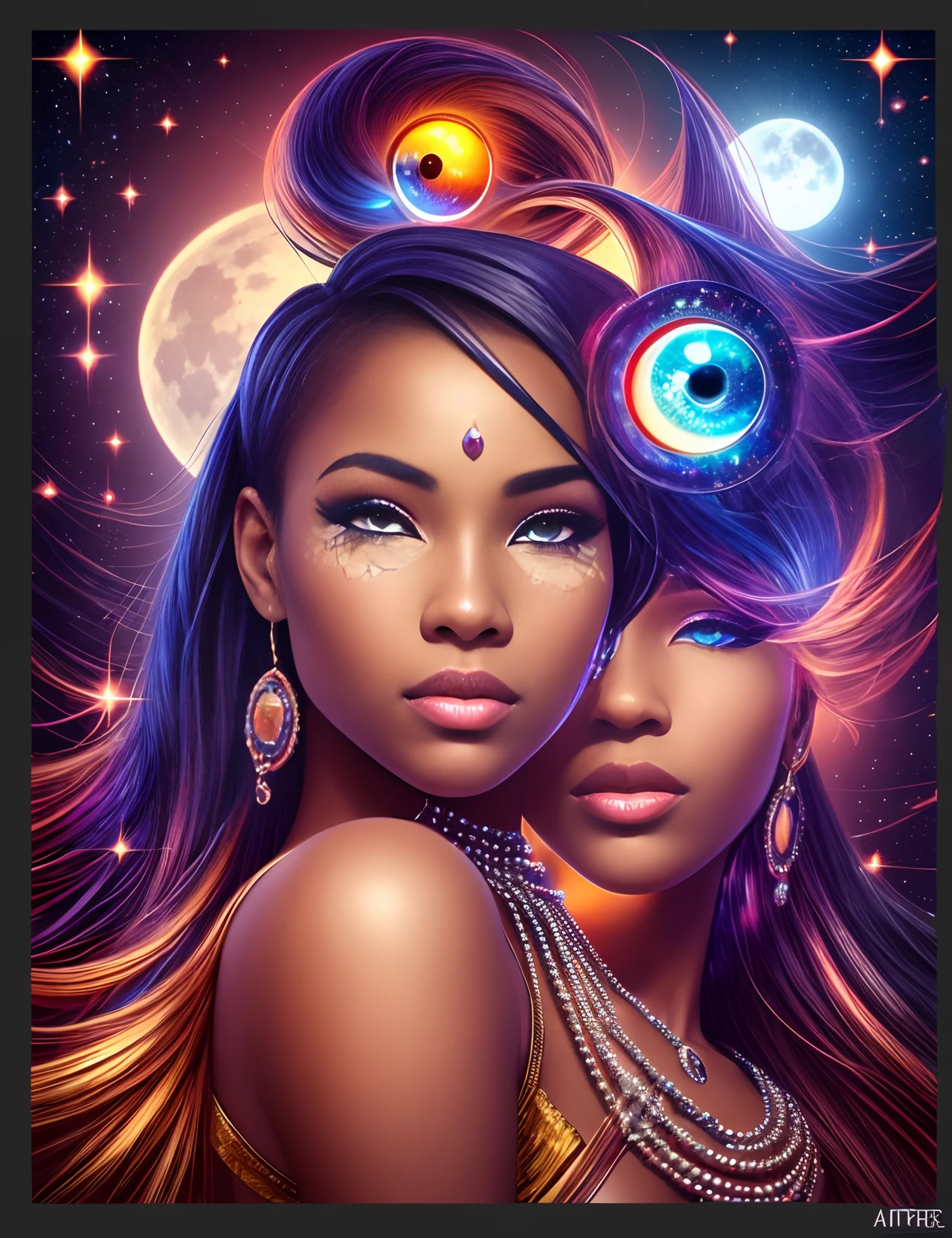 Close up of beautiful African woman dressed in African clothes and african beads, the sun glowing in the pupil of her right eye while the moon glows in the pupil of her left eye, beautiful and highly detailed eyes and facial features, background is a crystalline glass wall with shining stars inside the glass wall shining soft beautiful light, with iridescent light, highly detailed images, highly vibrant colours, highly detailed facial features, highly detailed hands and legs, beautiful vibrant colours,  artgerm style, photorealistic image, cinematic lighting, 32k, ultra HD, unreal engine rendered, --auto --s2