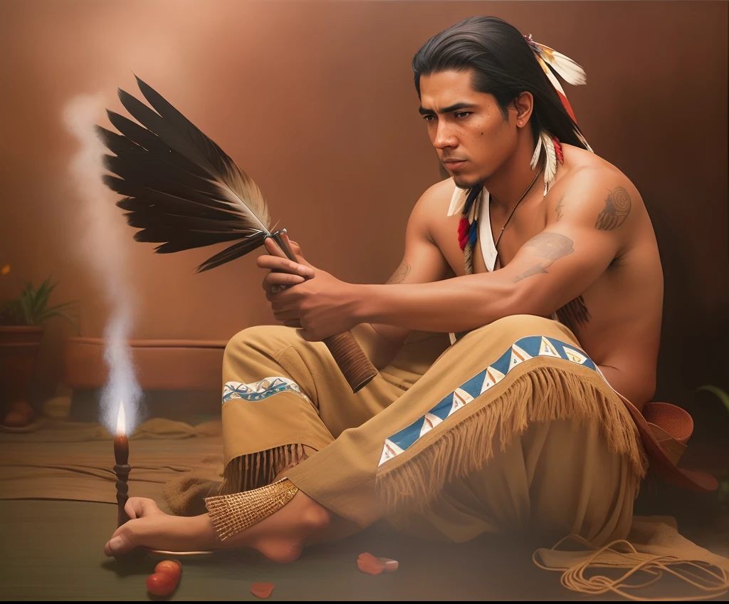 Imagem de cinema ultrarrealista de um homem nativo sentado em uma sala com uma pena, Arte nativa americana, : native american shamen fantasy, Arte nativa, Nativo americano, Directed by: Stan Stokes, native american folk art, Directed by: Harrington Mann, Guerreiro nativo americano, Um guerreiro nativo americano, por James Sessions, pintor americano, xamanismo, Directed by: Howard Lyon, indigenous man, arte inspiradora, Pintura de Norman Mingo fotorrealista, foto, obra-prima, realista, realismo, fotorrealismo, alto contraste, Trending photorealistic digital art in Artstation 8k HD high definition detailed realistic, detalhado, textura da pele, hiper detalhado, textura de pele realista, armadura, melhor qualidade, ultra high-resolution, (fotorrealista: 1.4), alta resolução, detalhado, tiro bruto, sharp re, por lee jeffries Nikon D850 Filme Fotografia de Stock 4 Kodak Portra 400 Lente F1.6 Rich Colors Texture Realistic Dramatic Texture Dramatic Lighting Irrealengine Trend at Artstation Cinestill 800
