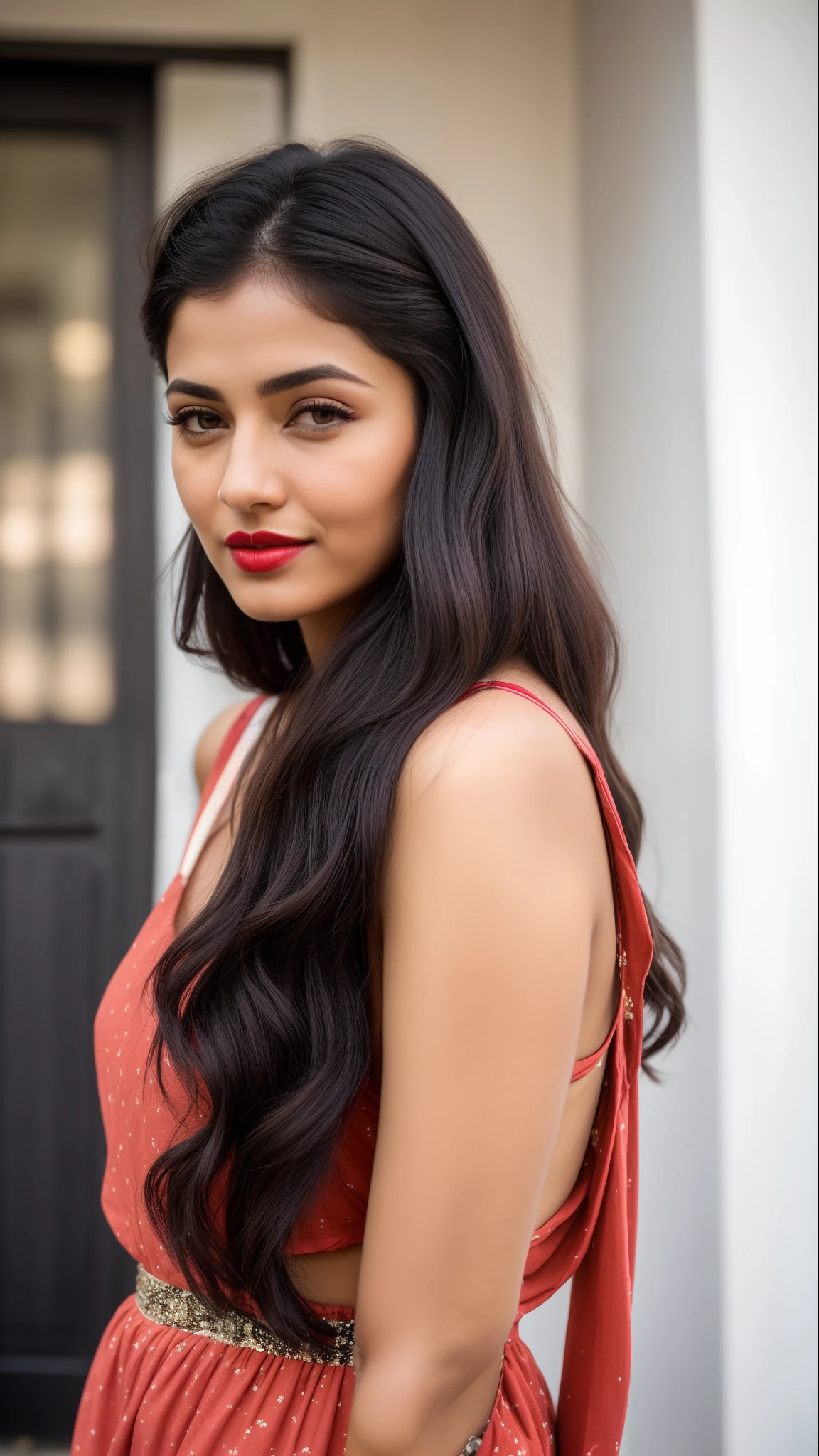 ((RAW, analog style)), face, extremely detailed full body color photo of a 25 y.o girl, beautiful face, beautiful eyes, ((small nose)), big natural lips, ((fabric frock)), small breasts, slim body, outdoor street delhi ((film grain, skin details, high detailed skin texture, 8k hdr, dslr)), indian female model madhuri dixit, dark red lips, dark red lips, black color shorts