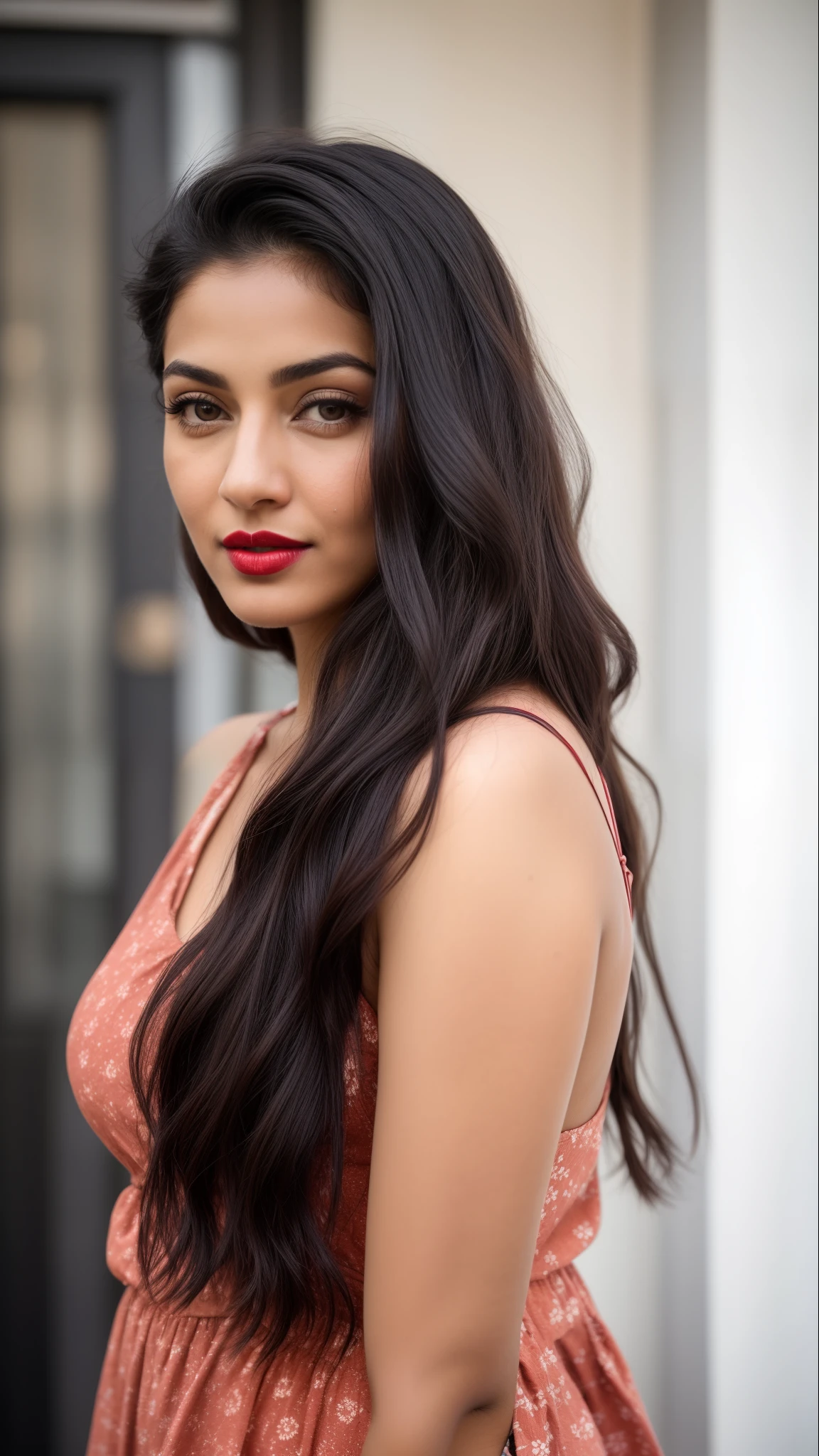 ((RAW, analog style)), face, extremely detailed full body color photo of a 25 y.o girl, beautiful face, beautiful eyes, ((small nose)), big natural lips, ((fabric frock)), small breasts, slim body, outdoor street delhi ((film grain, skin details, high detailed skin texture, 8k hdr, dslr)), indian female model madhuri dixit, dark red lips, dark red lips, black color shorts