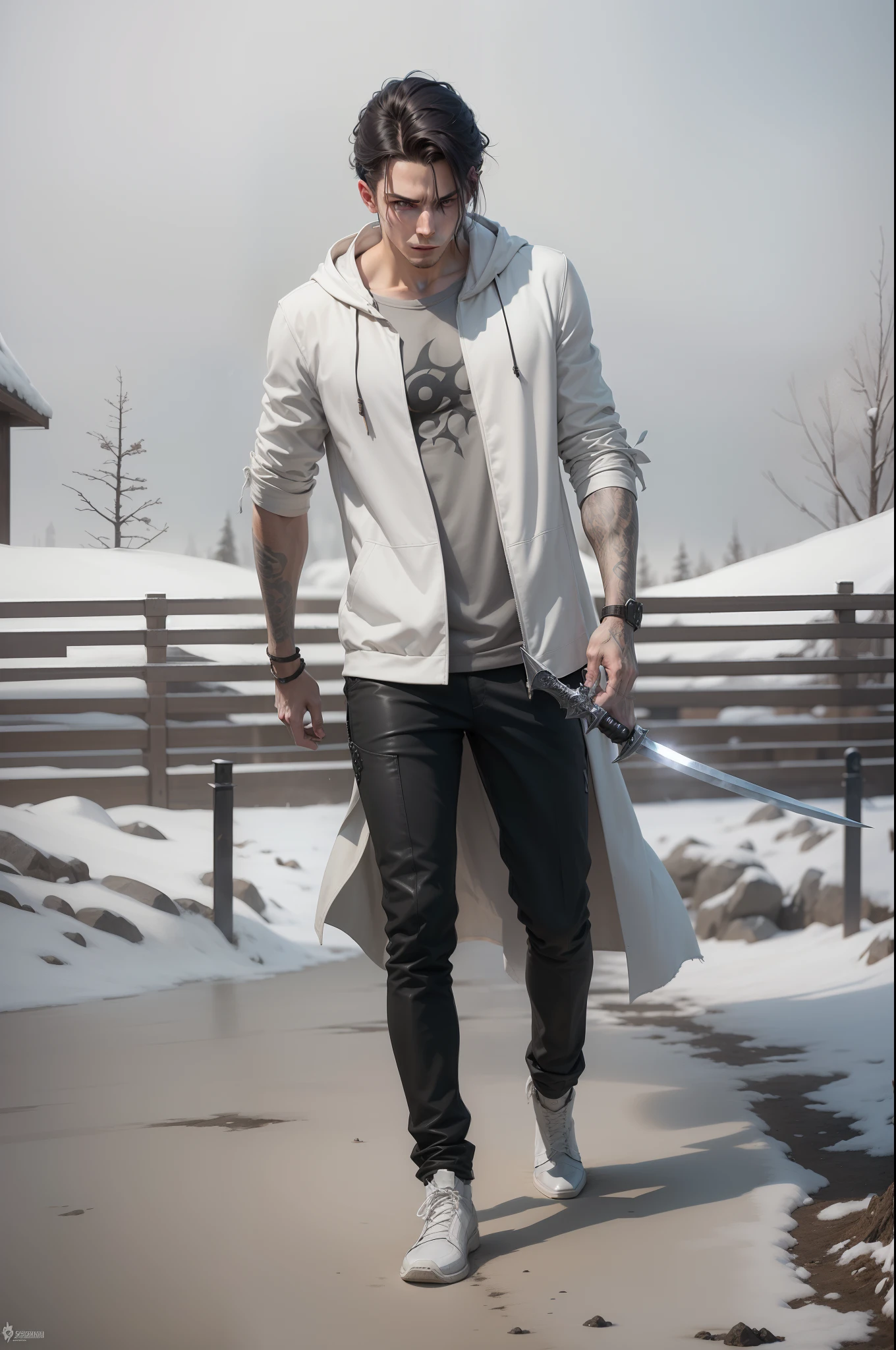 Soren, the Twilight Killer:
He is an assassin and wears a gray hooded coat over light armor. O capuz cobre seu rosto. Ele possui uma parte do rosto consumido pelas sombras. Ele empunha uma espada. Epic pose with sword. obra-prima. Estilo de arte do jogo Elden Ring.