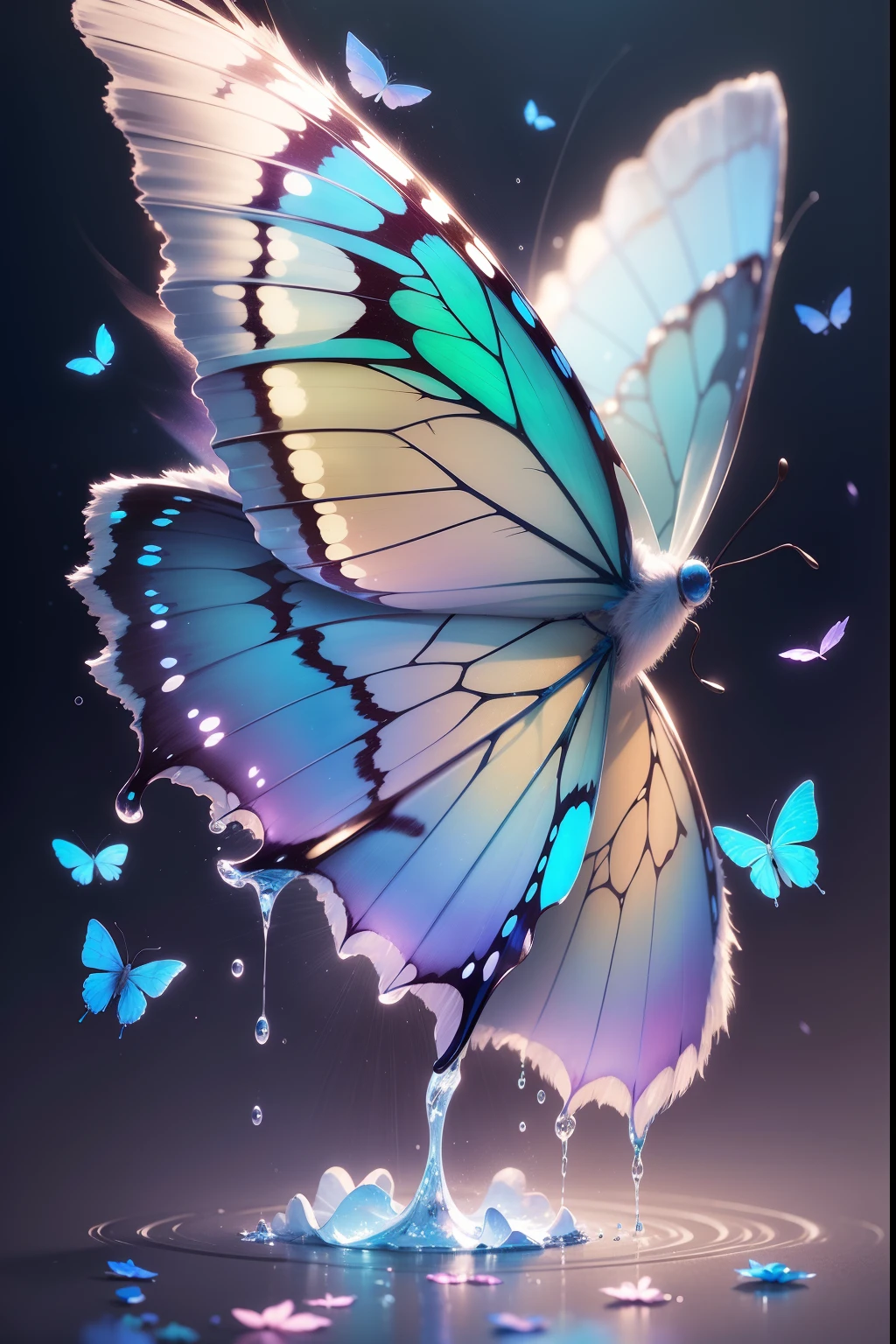 (best quality,highres),ultra-detailed,transparent water,blue butterfly,pure white gauze skirt,sparkling,ethereal atmosphere,dreamy lighting,vibrant colors,soft focus,delicate details,fine brushstrokes,romantic,impressionistic