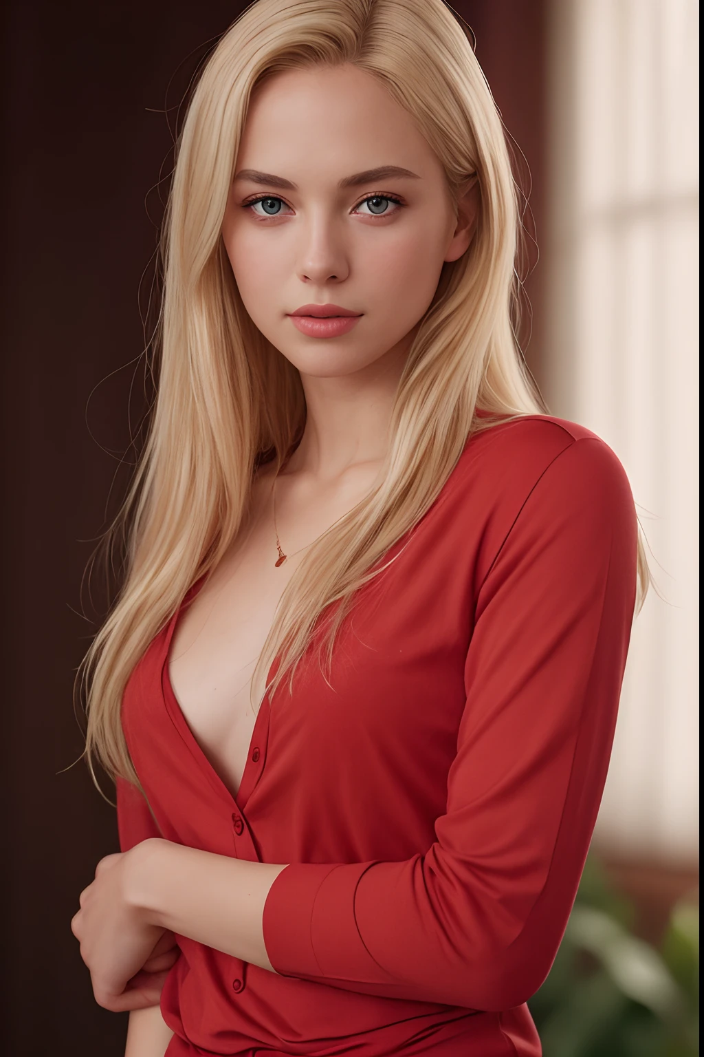 RAW photo, portrait of a beautiful blonde woman wearing a red shirt (high detailed skin:1.2), 8k uhd, dslr, soft lighting, high quality, film grain, Fujifilm XT3, ((((full body shot, hands)))