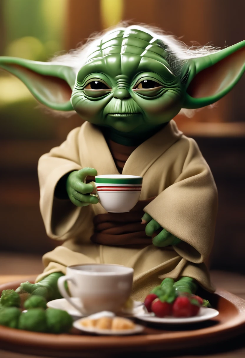 1 yoda bebe, verde claro, con el traje cafe, cartoon, orejas cortas
