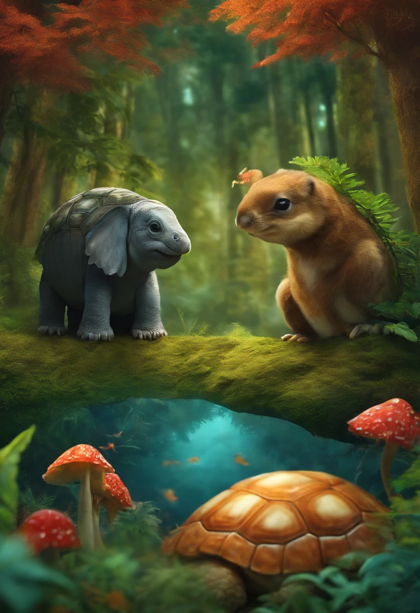 Hello AI, I need you to draw two animals in a forest, desenhe um coelho conversando com uma tartaruga