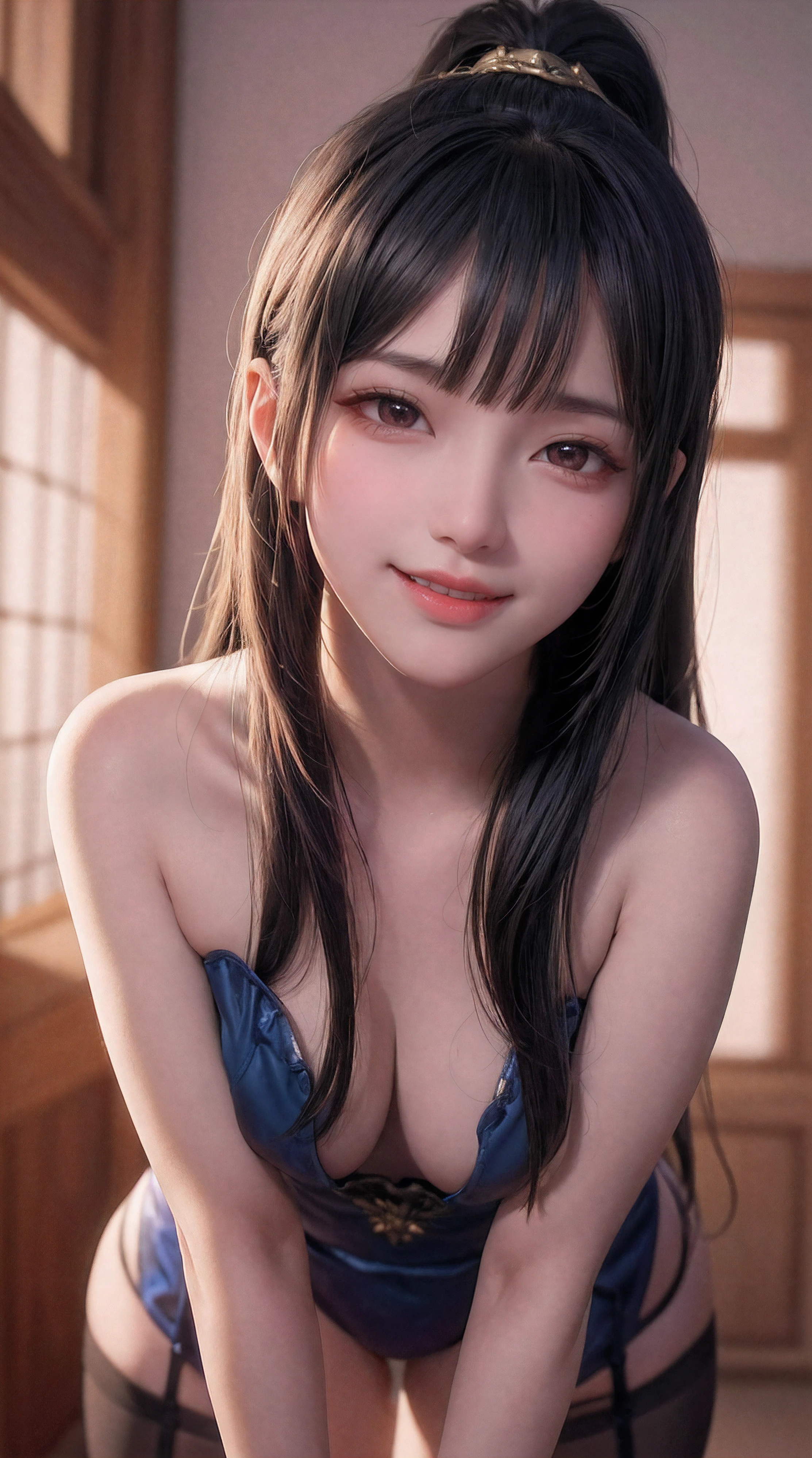 (from front:1.5),POV,China,Dark Big Oriental eyes,Black long hair gathered in a Chinese ponytail,metal shoulder,Blend of blue gold,white Pattern, Dragon Pattern,arm behind,hand behind, black lence stockings,Strangle,smile,ultra high res, (photorealistic:1.4), raw photo,16K,dramatic lighting,small breast,