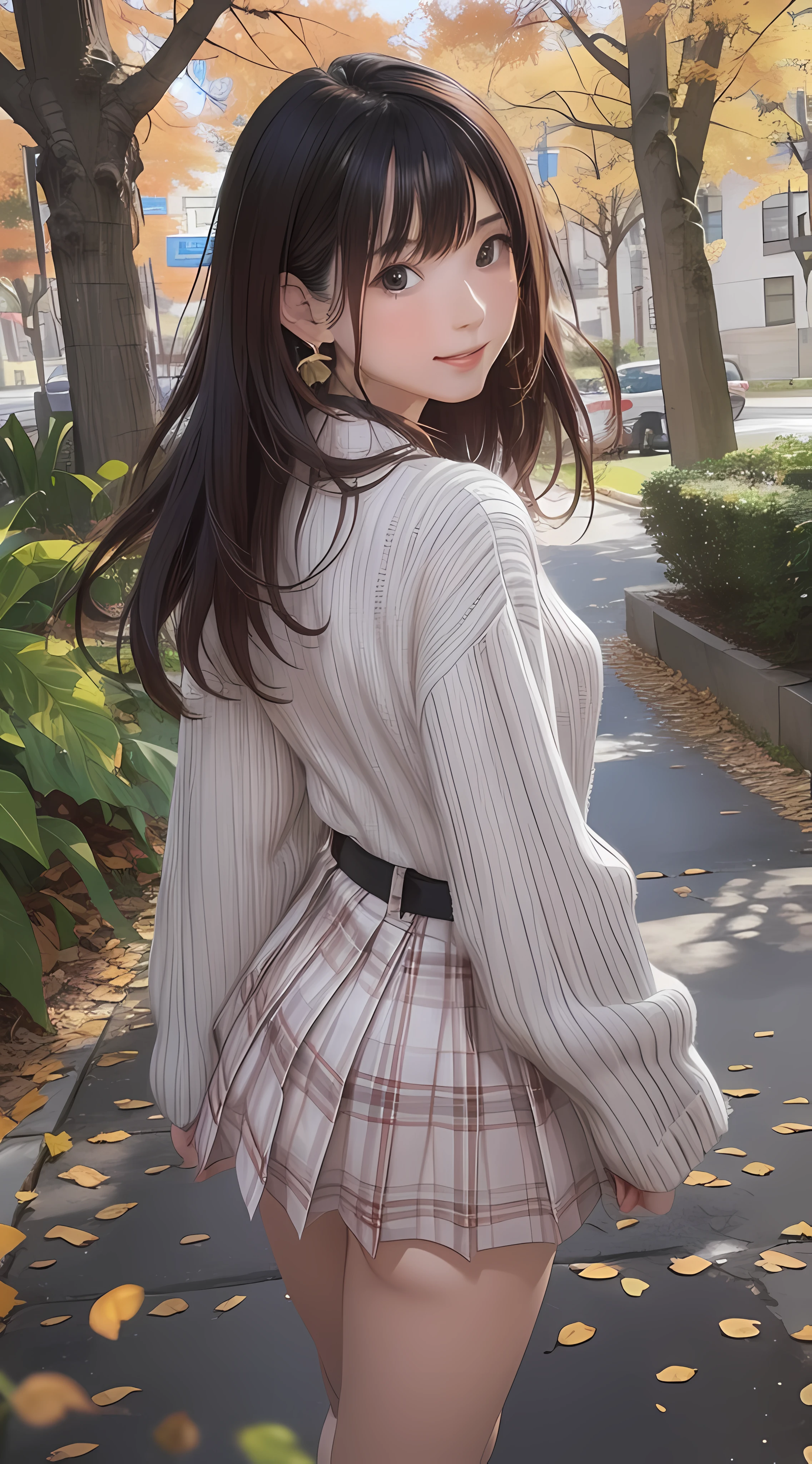 (1girl:1.3), (photorealistic:1.4), (masterpiece, top quality, best quality, official art), extreme detailed, highest detailed, (ultra-detailed), ((an extremely delicate and beautiful)), dappled sunlight, falling dry leaves, contemporary, silky long hair, (brown hair), she Walking at the park, in evening, sweater, pleated skirt, Small leaves earrings, necklace, shy, smile, wave hand, (looking back:1.4), 24 years old, narrow waist, wide shot, dynamic angle, from above,