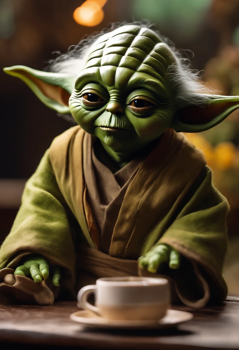 1 yoda adolescente, verde claro, con el traje cafe, cartoon, orejas cortas