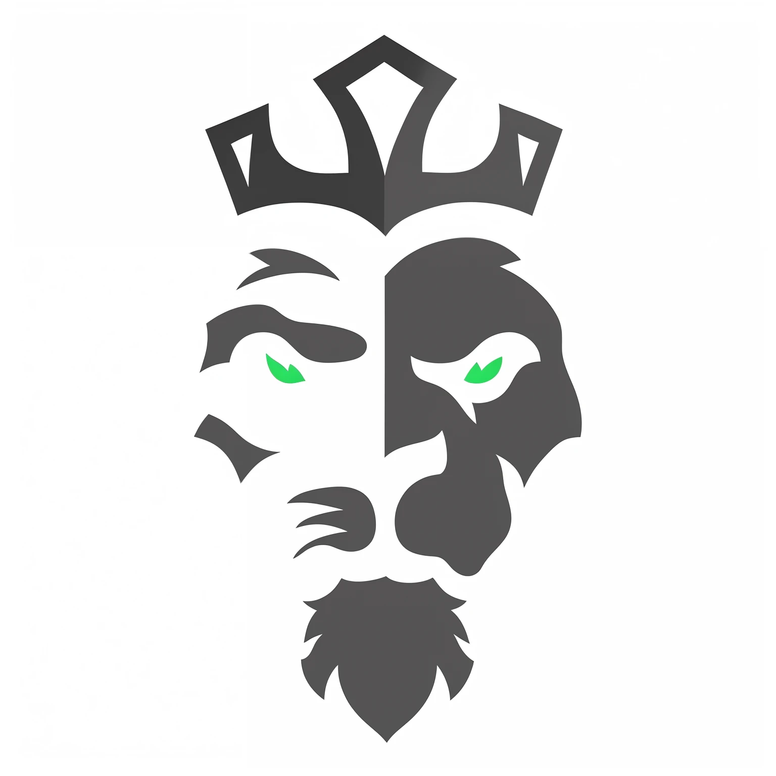a black and white lion with a crown on its head, lion with crown, Visage regal and not too threatening, anonymous lion face, Mascot illustration, half lion, lion icon, Rei da selva, third lion head, Rei dos Reis, foto de alta qualidade, imagem de alta qualidade, menacingly, Logotipo esportivo, olhar intimidador, em um fundo preto de cor plana, Serious