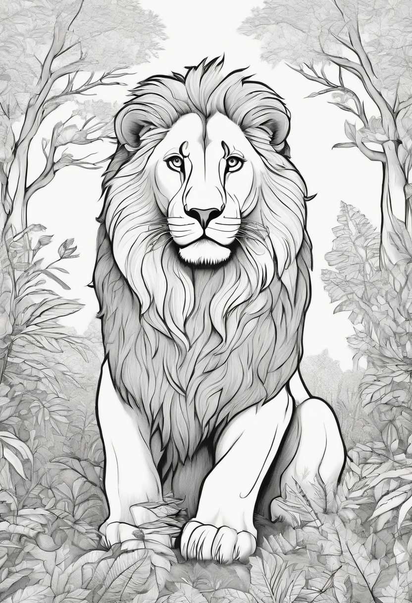 lion in the forest coloring book, cartoon style, thin lines, no color, white background, strokes only