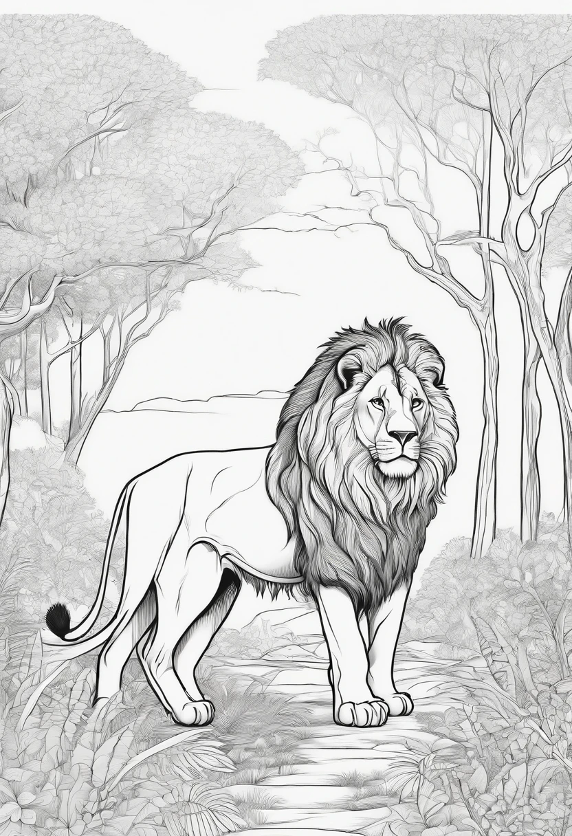 lion in the forest coloring book, cartoon style, thin lines, no color, white background, strokes only