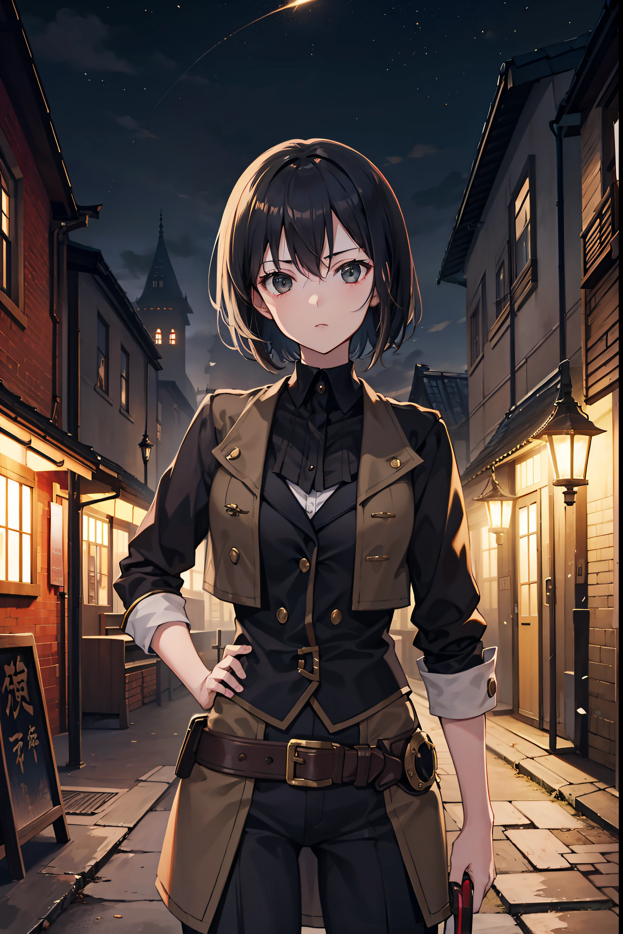 Okappa A dark-haired black eyes short hair steampunc Stand in the courtyard of the castle s girl