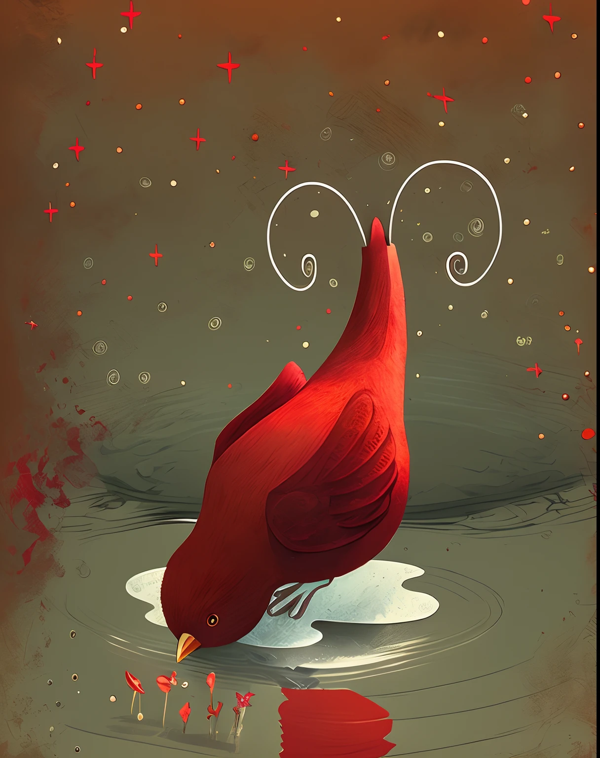 There is a red bird sitting on a leaf in the water, red bird, Ethereal cardinal bird, a surrealistic bird, stylized digital illustration, surrealistic bird, illustration!, An illustraion, illutstration, inspirado em Jakub Schikaneder, digital illustation, noite calma. digital illustation, illustration", ilustrado em estilo caprichoso, Directed by: Mia Brownell, illustration