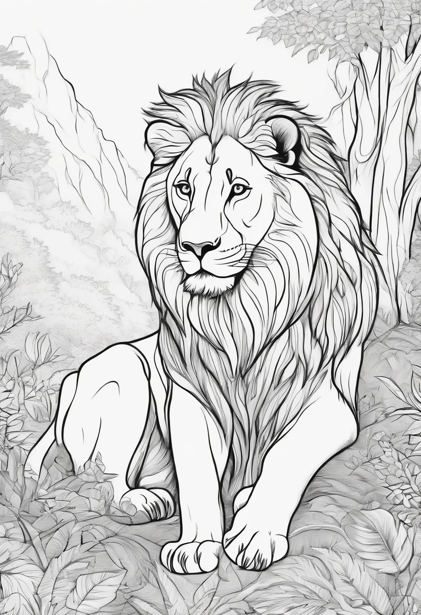 lion in the forest coloring book, cartoon style, thin lines, no color, white background, strokes only