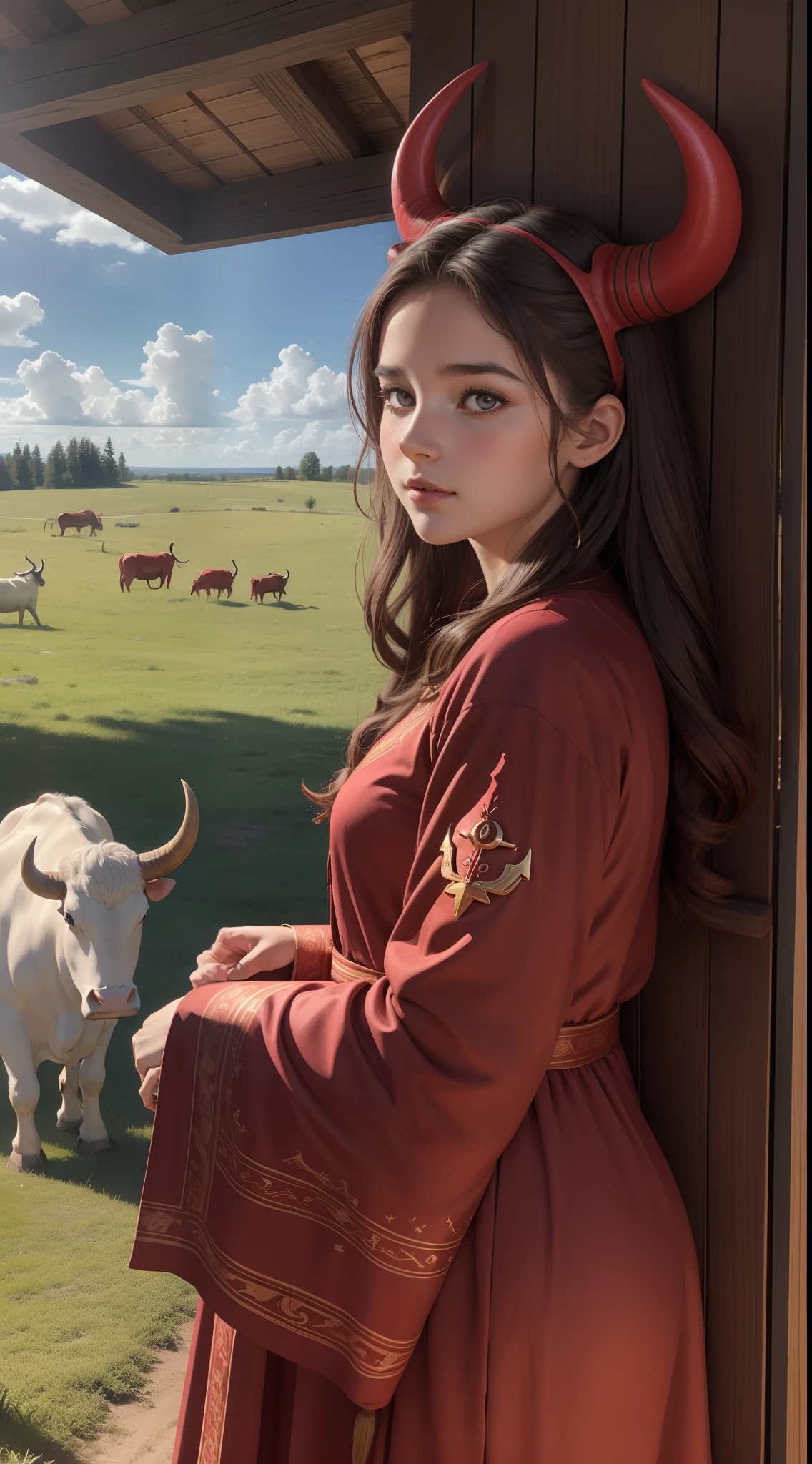 Une jeune fille du signe astrologique du Taureau dans une longue robe rouge (large wooden bull horn on the head), as cute as a Disney animal. Paysage prairie verdoyante et fleurit