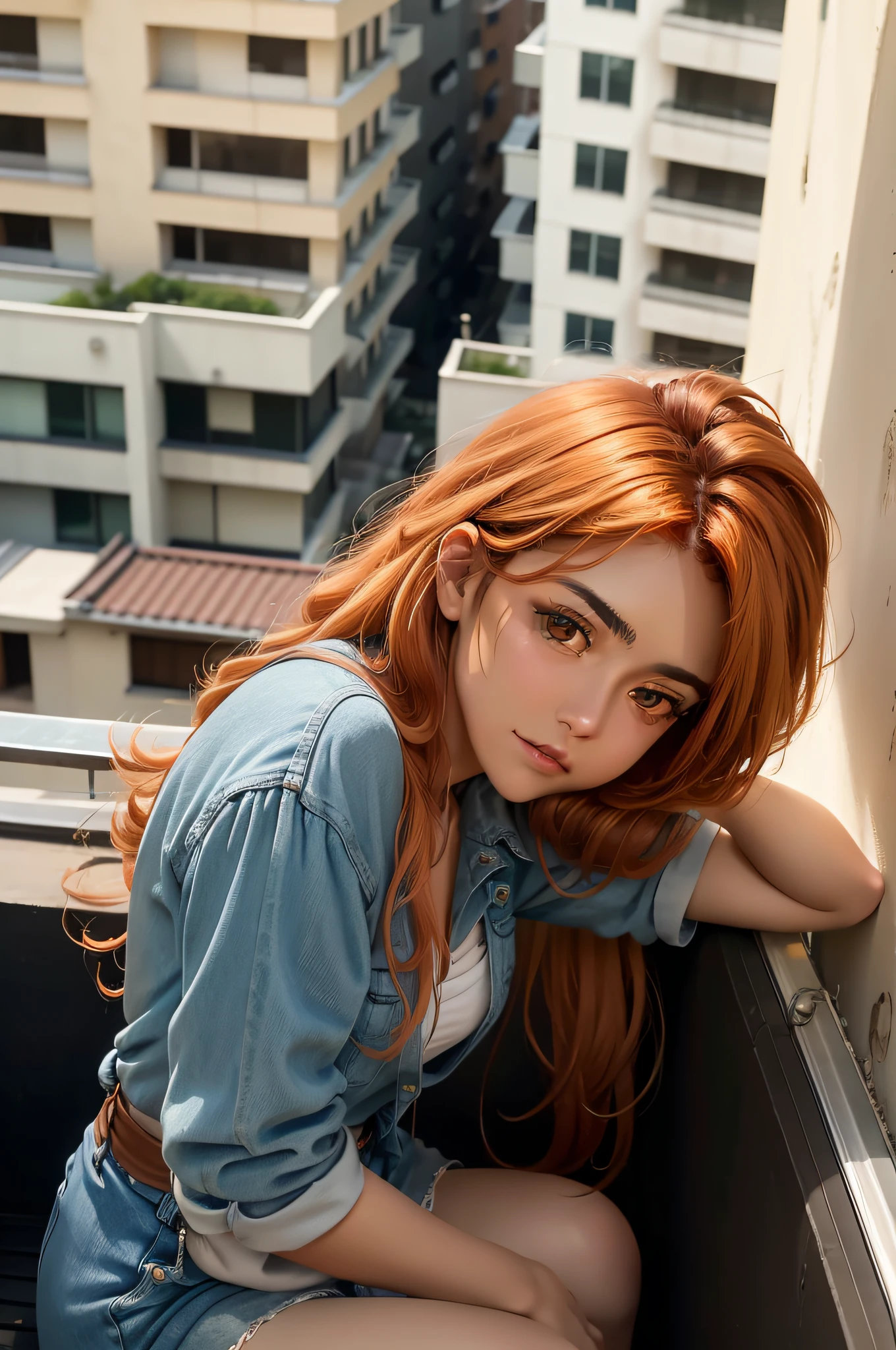 Generate an ultra-realistic image of Dilara Toprak, a 20-year-old Turkish woman, sitting on the edge of a rooftop, with her back turned to the viewer. She is dressed casually and is gazing at the street view below. Dilara has ORANGE hair and Turkish facial features, including brown eyes. The rooftop environment should be realistically depicted. Emphasize the ultra-realistic quality of the image, aiming for a photograph-like level of detail.