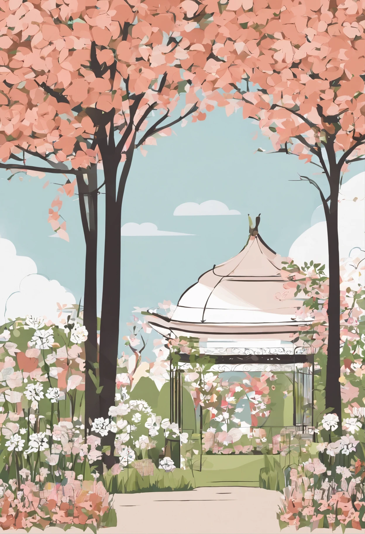 Jardim florido, seen from the right angle, cheio de tulipas, Dandelions and fruit trees, ao centro um Gazebo, em volta uma pequena cerca branca, Foco suave, granulation of 1.82, fechamento da lente de 1.2,,