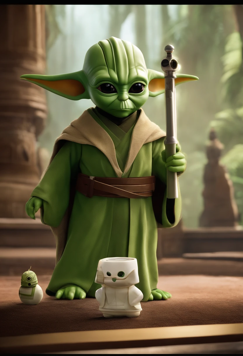 1 Grogu bebe, verde claro, con el traje cafe, cartoon, orejas cortas, entrenando con una espada laser verde de star wars en el templo jedi