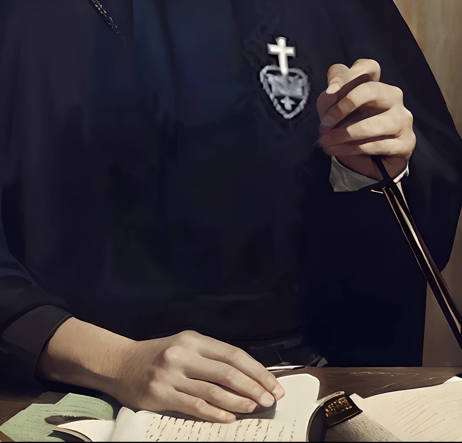 Man in black bathrobe holding a pen and writing, pintado digitalmente, an evil catholic priest, picture of a male cleric, usando cruz no manto, Sacrilegious rite, sacerdote, Chiaroscuro estudioso, inspirado em Matthias Stom, holding a holy symbol, desenhado digitalmente, cleric, dressed like a cleric, segurando um cetro