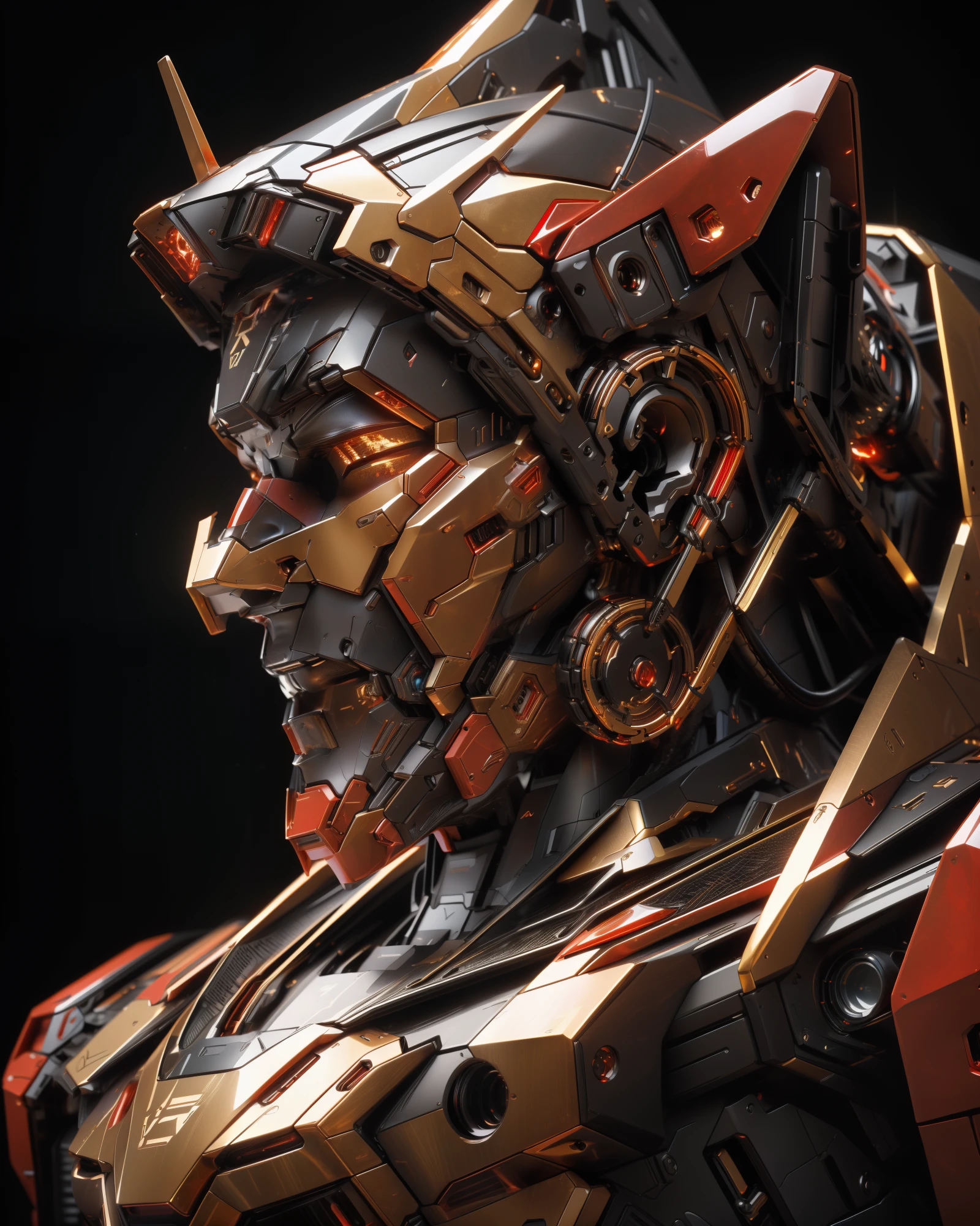 Masterpiece, Cowboy shot, Side angle, Intricate red, black, and gold-colored futuristic Gundam Mecha with highly detailed mechanical parts, (best quality, 4k, highres, masterpiece:1.2), ultra-detailed, (realistic, photorealistic:1.37) appearance, studio lighting, vivid colors.