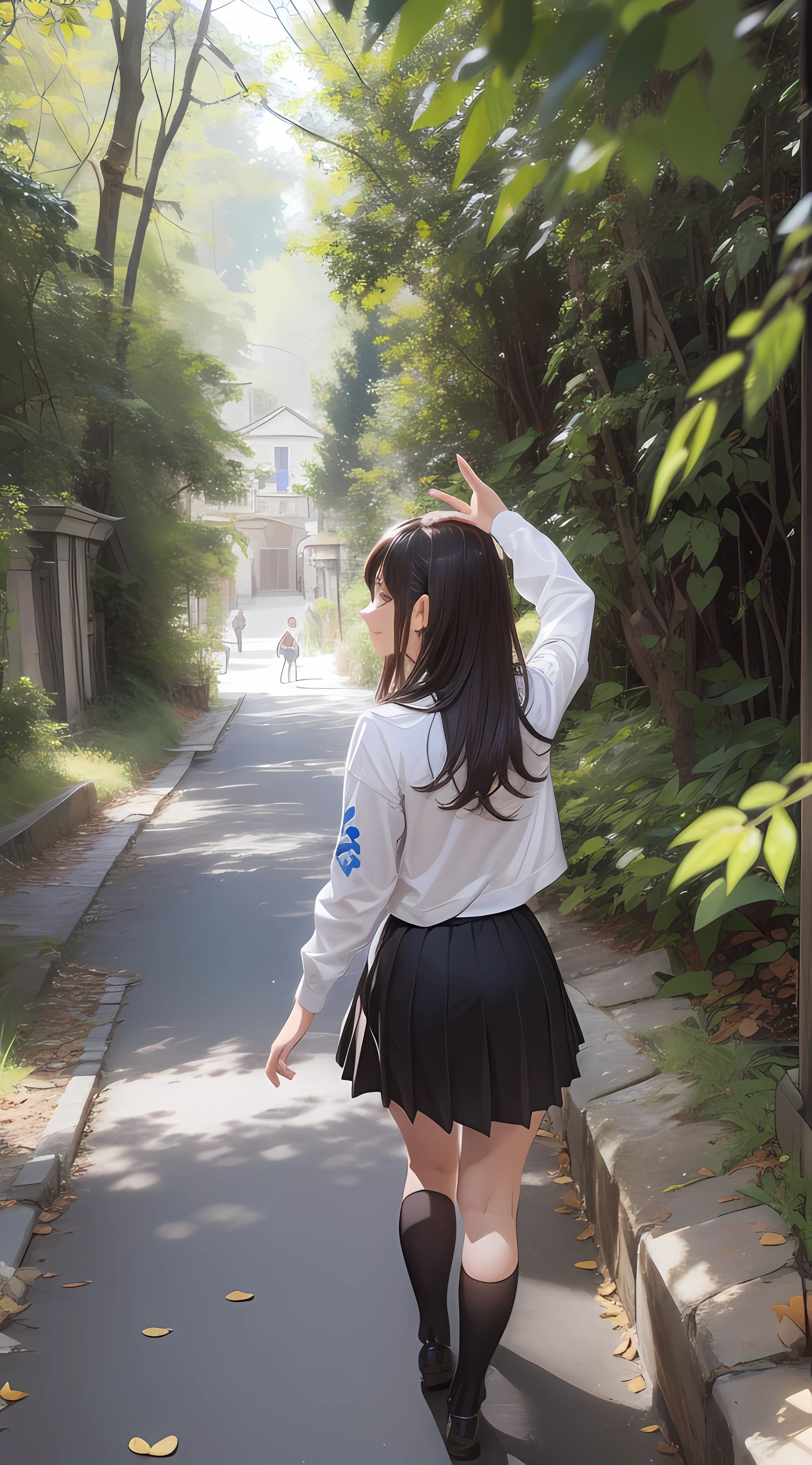 (1girl:1.3), (photorealistic:1.4), (masterpiece, top quality, best quality, official art), extreme detailed, highest detailed, (ultra-detailed), ((an extremely delicate and beautiful)), dappled sunlight, falling dry leaves, contemporary, silky long hair, (brown hair), she Walking at the park, in evening, sweater, pleated skirt, Small leaves earrings, necklace, shy, smile, wave hand, (looking back:1.4), 24 years old, narrow waist, wide shot, dynamic angle, from above,