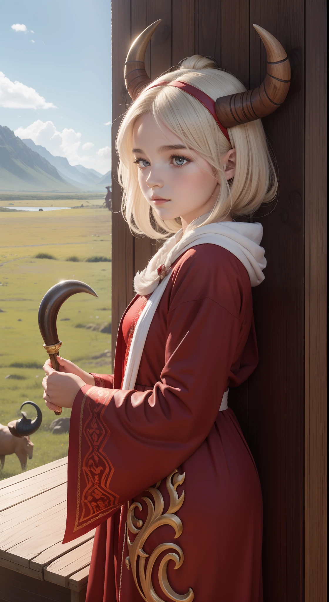 Une jeune fille du signe astrologique du Taureau dans une longue robe rouge (large wooden bull horn on the head), as cute as a Disney animal. Paysage prairie verdoyante et fleurit