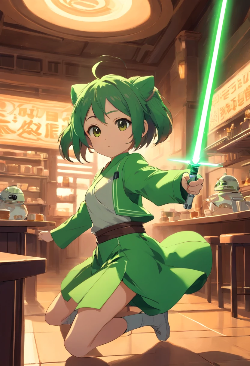 1 Grogu bebe, verde claro, con el traje cafe, cartoon, orejas cortas, entrenando con una espada laser verde de star wars en el templo jedi