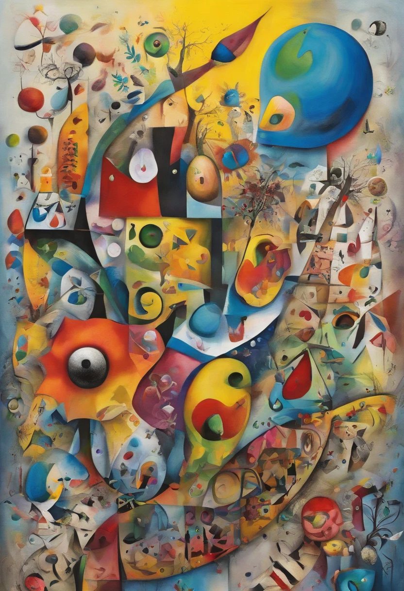 Capture the beauty of spring in an abstract painting in the style of Joan Miró, with a dynamic composition of bright colors and intricate shapes that draw the eye, with best composition, combine with Cubism details,inspired by Wassily Kandinsky
