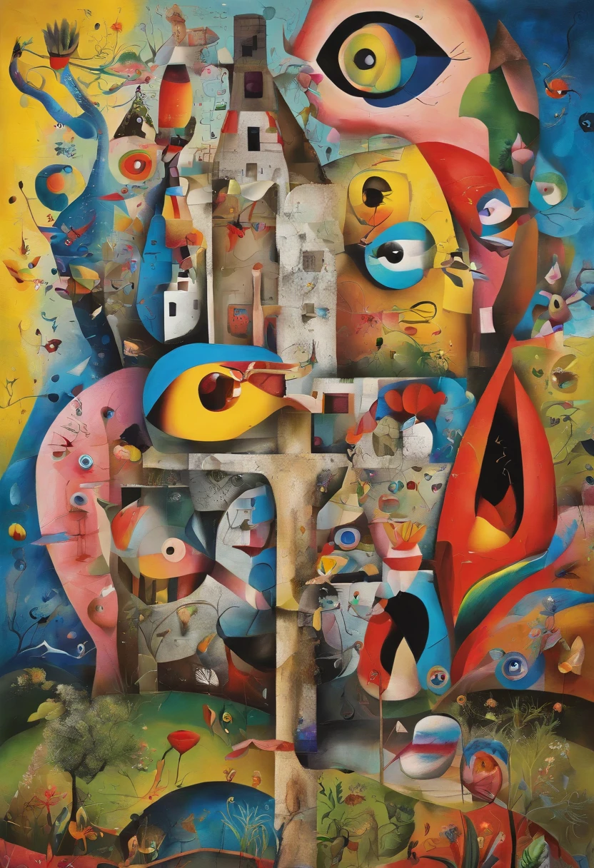 Capture the beauty of spring in an abstract painting in the style of Joan Miró, with a dynamic composition of bright colors and intricate shapes that draw the eye, with best composition, combine with Cubism details,inspired by Wassily Kandinsky