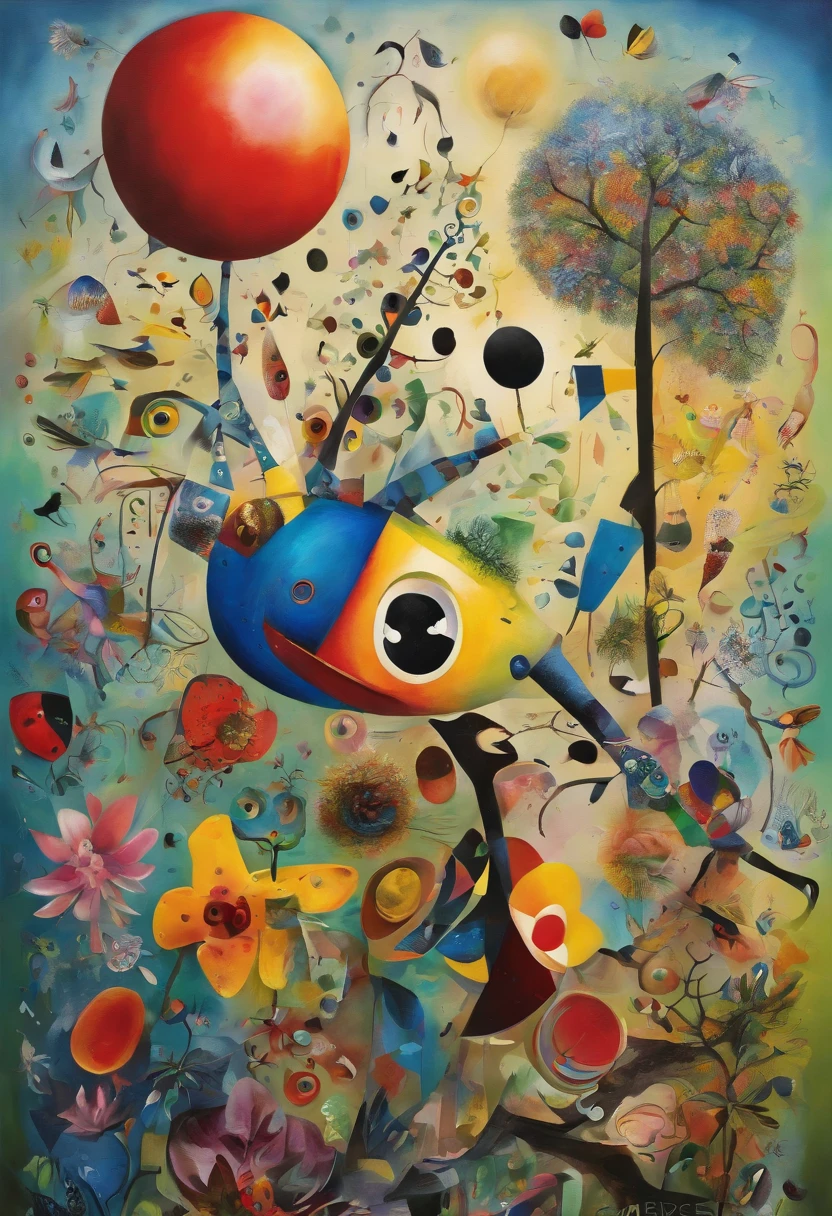Capture the beauty of spring in an abstract painting in the style of Joan Miró, with a dynamic composition of bright colors and intricate shapes that draw the eye, with best composition, combine with Cubism details,inspired by Wassily Kandinsky