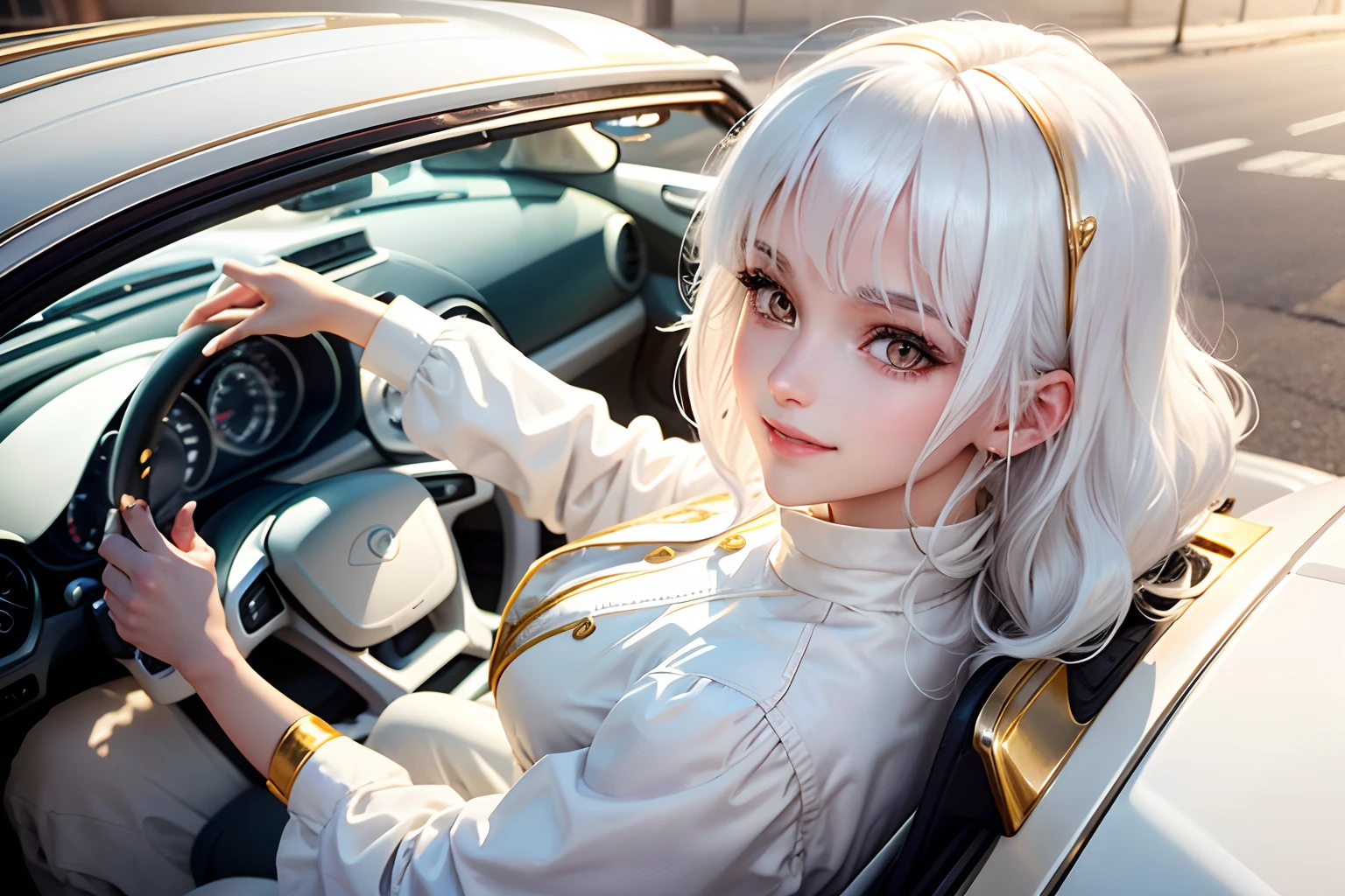 best quality, white hair, gold eyes, white clothes, looking up, upper body, hair strand, Fair skin, smiling, motor car