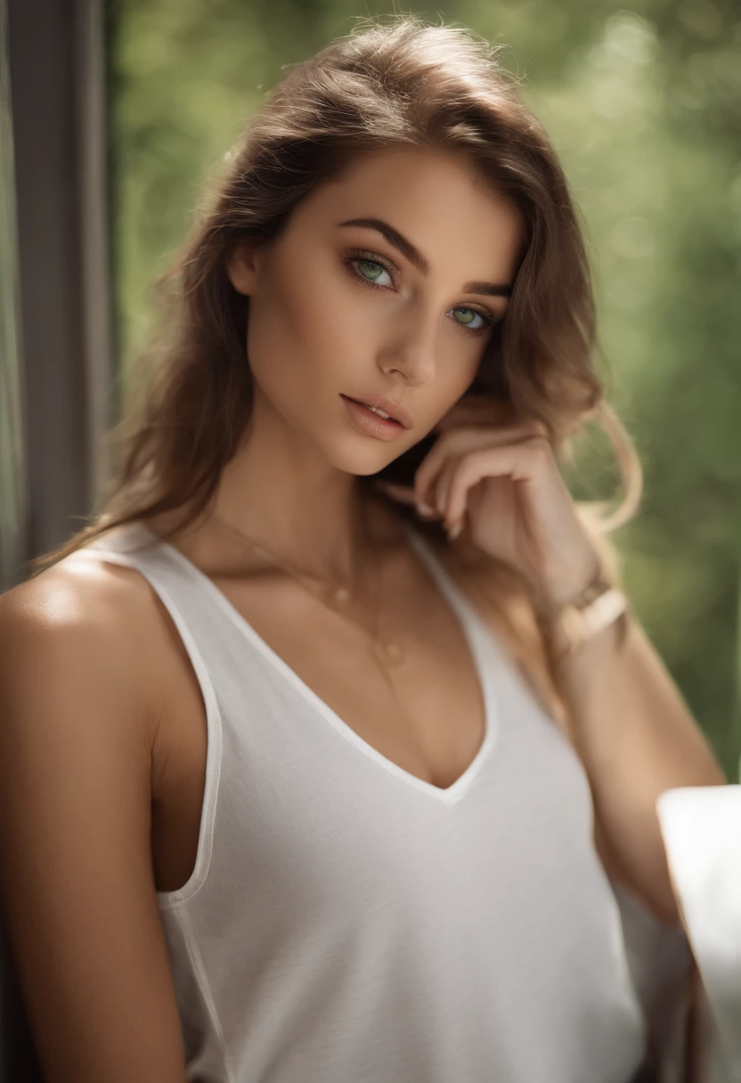 arafed woman with a white tank top and a necklace, sexy girl with green eyes, portrait sophie mudd, brown hair and large eyes, selfie of a young woman, bedroom eyes, violet myers, without makeup, natural makeup, looking directly at the camera, face with artgram, subtle makeup, stunning full body shot, piercing green eyes