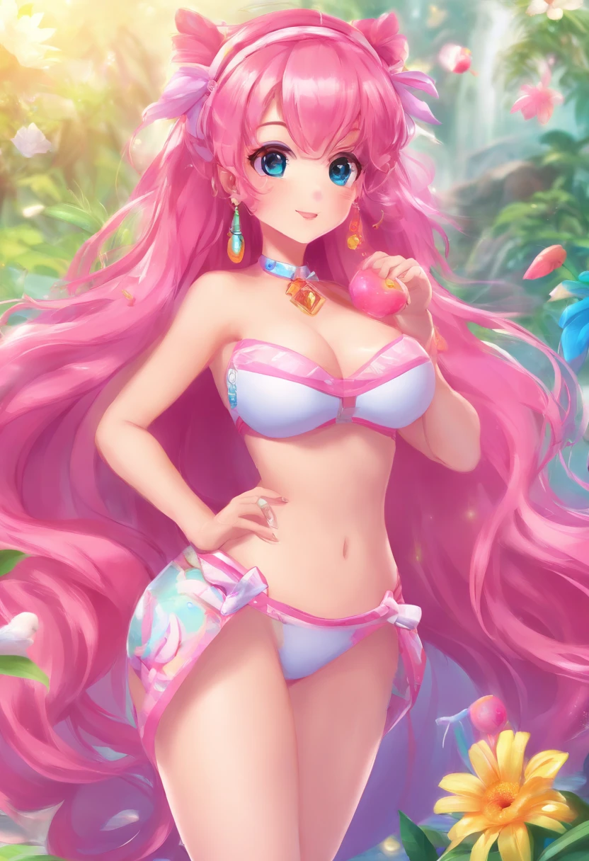 Best quality, 8k, Masterpiece, realistic, photorealistic, micro swimsuits, (gigantic breasts:1.2), big breasts, huge breasts, pink hair, long hair, naked body, gigantic hips, detailed face, beautiful face, curvy, sexy beautiful woman, sci-fi world,
