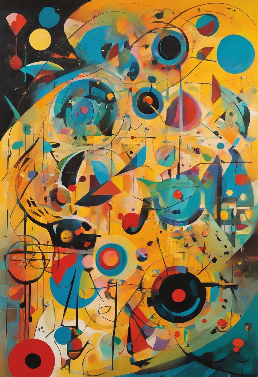 Capture the beauty of spring in an abstract painting in the style of Joan Miró, with a dynamic composition of bright colors and intricate shapes that draw the eye, with best composition, combine with Cubism details,inspired by Wassily Kandinsky