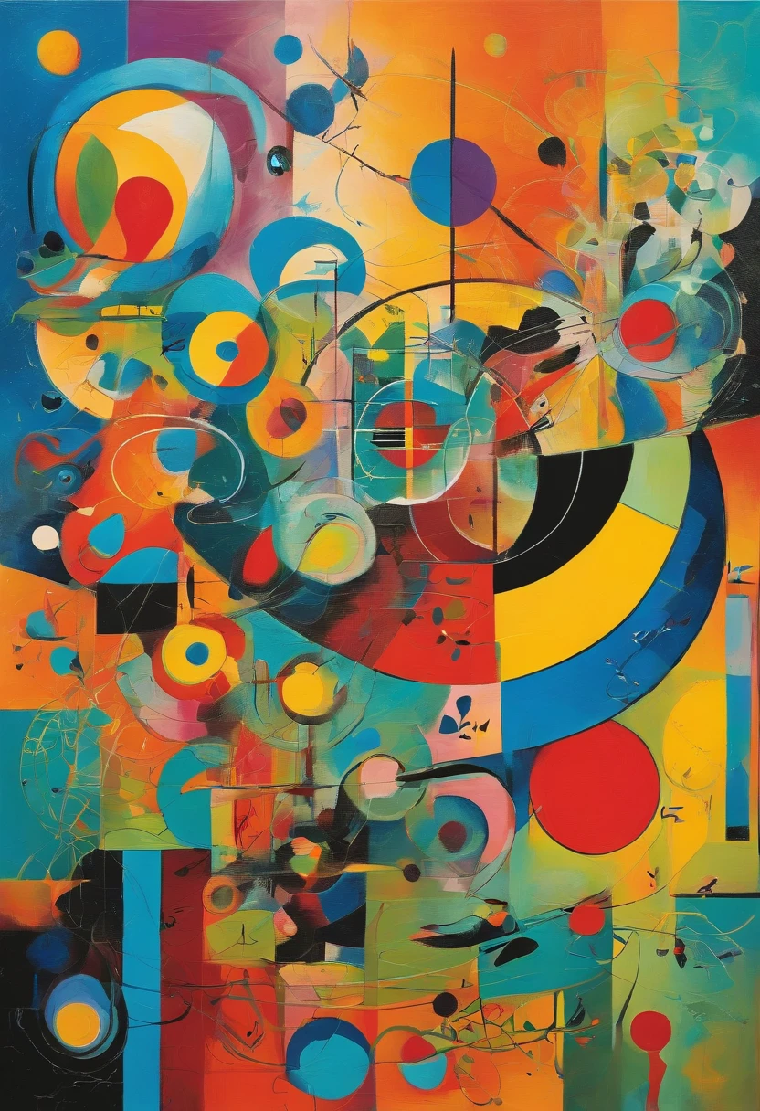 Capture the beauty of spring in an abstract painting in the style of Joan Miró, with a dynamic composition of bright colors and intricate shapes that draw the eye, with best composition, combine with Cubism details,inspired by Wassily Kandinsky