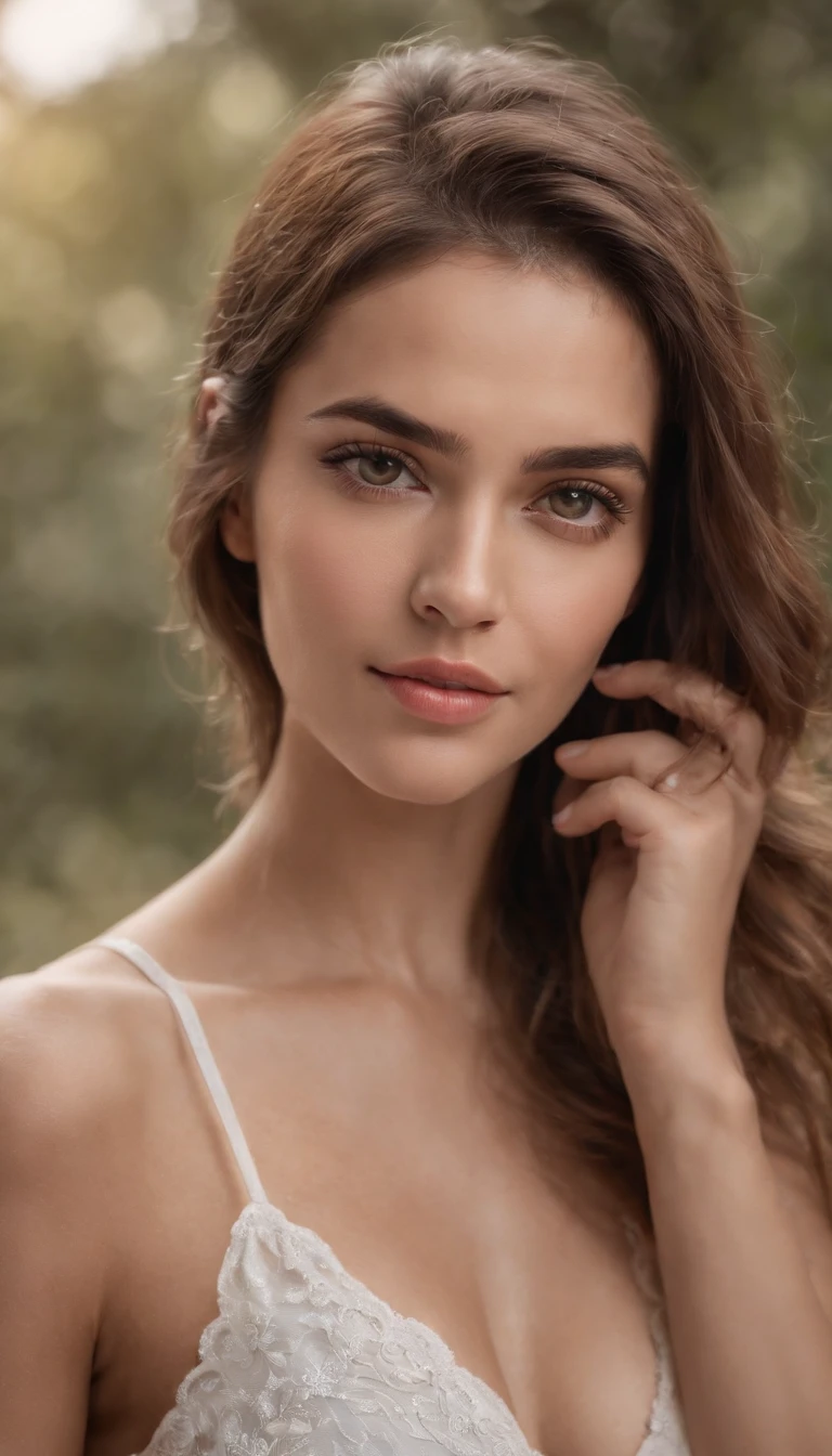 In a captivating jungle setting, A close-up photo captures the charm of an incredibly beautiful fitness girl. Ella se para con el pelo rubio suelto, adornado con delicadas enredaderas, Disfrutando del resplandor radiante del sol. The scene is vivid and rich, presented in 8K resolution for optimal quality.Its captivating charm is accentuated by white sleepwear that tastefully hints at its features... La imagen es una obra maestra que juega con la luz y la sombra, lograr un contraste y una profundidad de campo sorprendentes. Attention to detail extends to your face, reflejando matices realistas en el estilo que recuerda a SamDoesArts.Esta imagen deslumbrante celebra la belleza natural y el encanto, encapsulando la esencia de un momento encantador en medio de la exuberante jungla.A stunning uncensored portrait of a captivating woman in an intimate solo scene. Ella posee una belleza notable, with impeccable features and aura. Su cabello, blanco y peinado en una cola de caballo con puntas de color y cabello interno