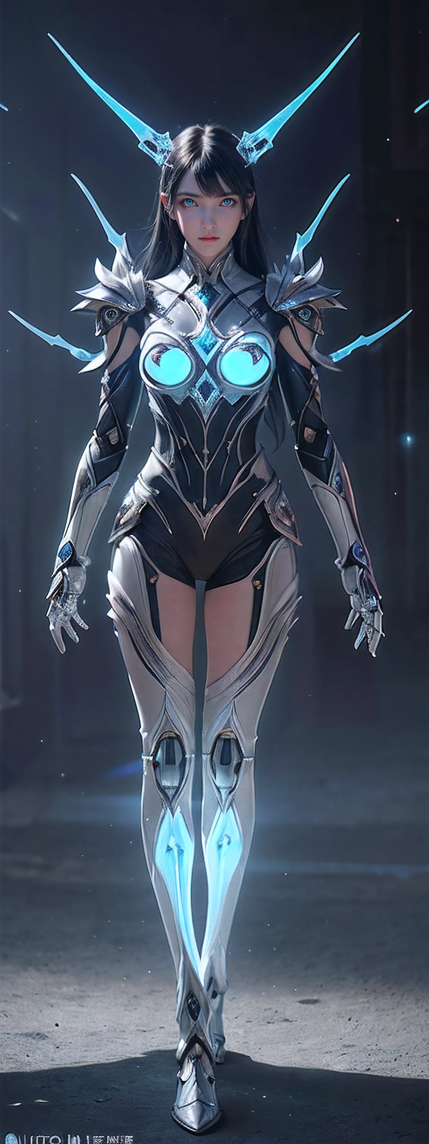 (from front:1.5), (1mechanical girl:1.5),full body, solo, Slim waist, thick thighs, (machine made joints:1.2),(machanical limbs:1.1),(blood vessels connected to tubes),(mechanical vertebra attaching to back),(mechanical cervial attaching to neck), lights on armor, mecha headglass, (Luminous Arms:1.5), (laser eyes:1.5), expressionless, huge breast,
colorful,hdr, ray tracing, nvidia rtx, super-resolution, unreal 5, subsurface scattering, pbr texturing, post-processing, anisotropic filtering, depth of field, maximum clarity and sharpness, rule of thirds, 16k raw, (luminescent particles:1.4), extremely detailed cg, unity 8k wallpaper, 3d, cinematic lighting, lens flare, reflections, sharp focus, cyberpunk art, realistic, highly detailed CG illustration, an extremely delicate and beautiful, cinematic light, (photorealistic:1.5), (Dark background:1.5),dynamic angle, masterpiece, best quality, ultra-detailed, illustration, detailed light, dramatic_shadow,face shadow,extra detailed,best performance,
