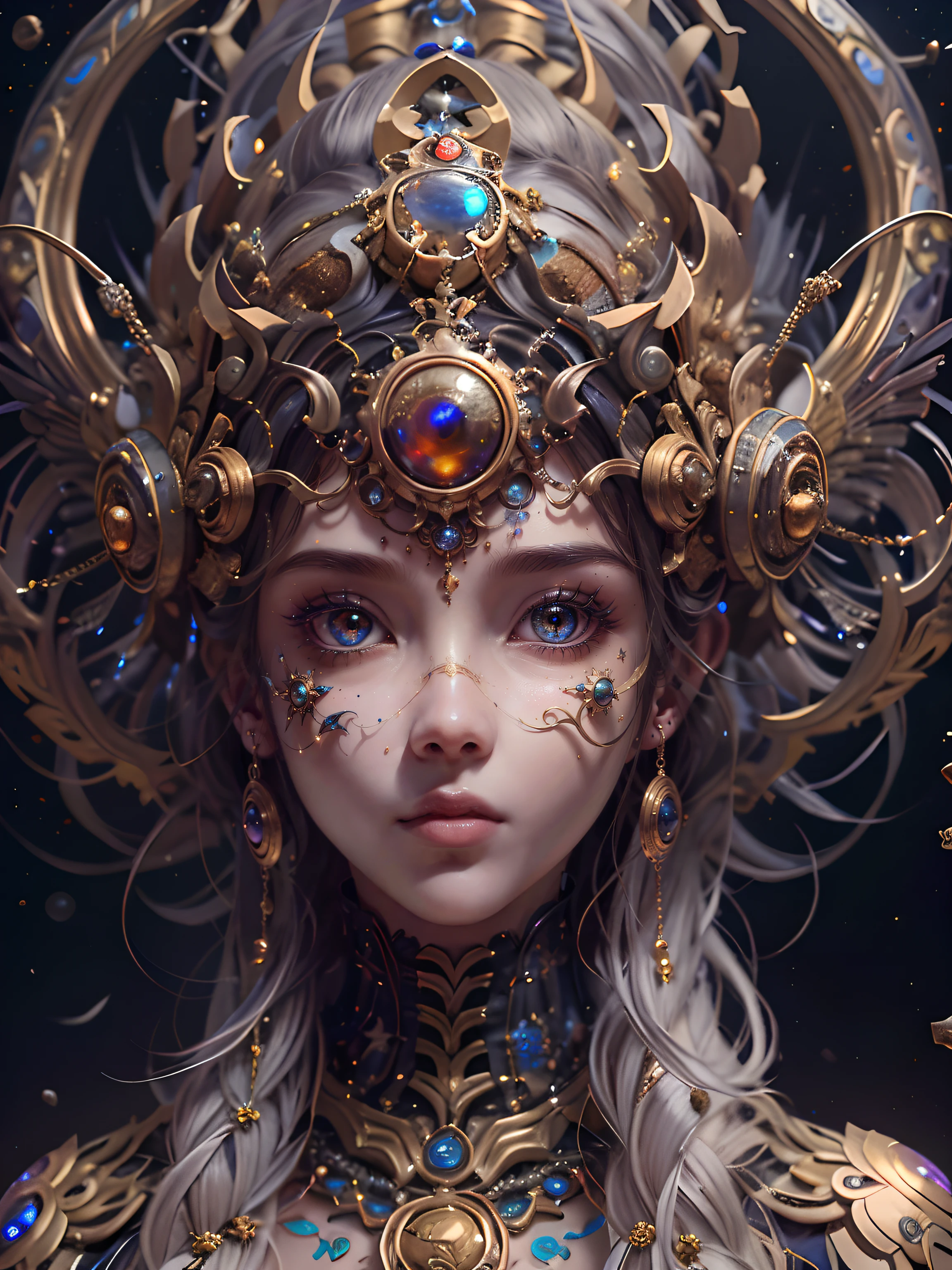 （best qualtiy，ultra - detailed，Most Best Illustration，Best shadow，tmasterpiece，A high resolution，professionalartwork，famousartwork），Detailed eyes，beautidful eyes，closeup cleavage，sci-fy，colored sclera，Robot eyes，face markings，Tattooed with，（fractalized，Fractal eyes），largeeyes，Wide eyes，（Eye focus），sface focus，Cosmic eyes，Space eyes，Close-up of metal sculpture of a woman with a universe in her hair，goddes。extremly high detail，3 d goddess portrait，Extremely detailed footage of the goddess，a stunning portrait of a goddess，Side image of the goddess，portrait of a beautiful goddess，Full body close-up portrait of the goddess，hecate goddess，portrait of a norse universe goddess，goddess of space and time
