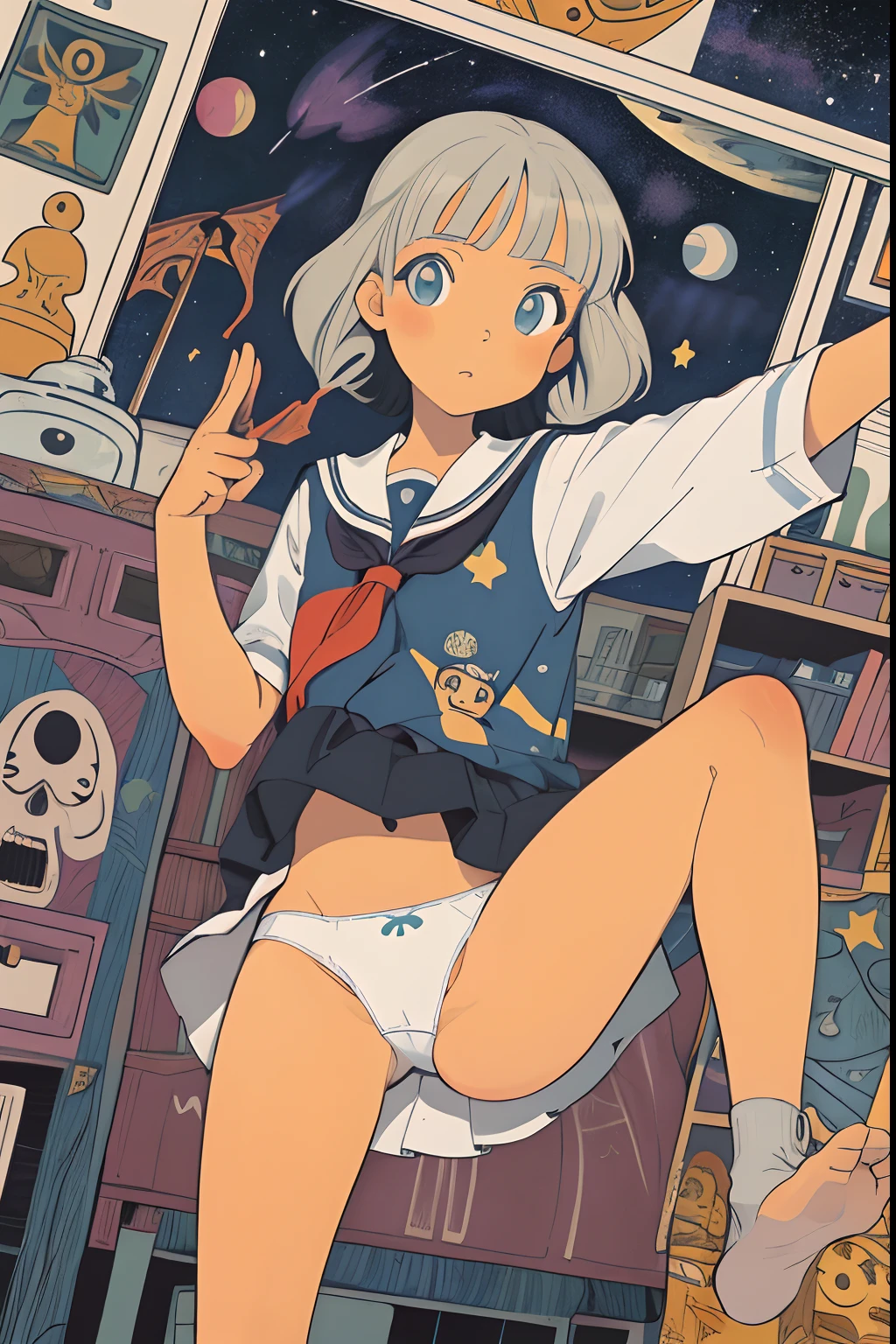 (superflat, flat shading, flat colors:1.1), 1girl, young , schoolgirl, upskirt, white panties, bottom, selfie, bedroom, closeup, anime, pablo picasso, jacek yerka, petroglyphs, colorful, starry skies, cosmos, tribal,