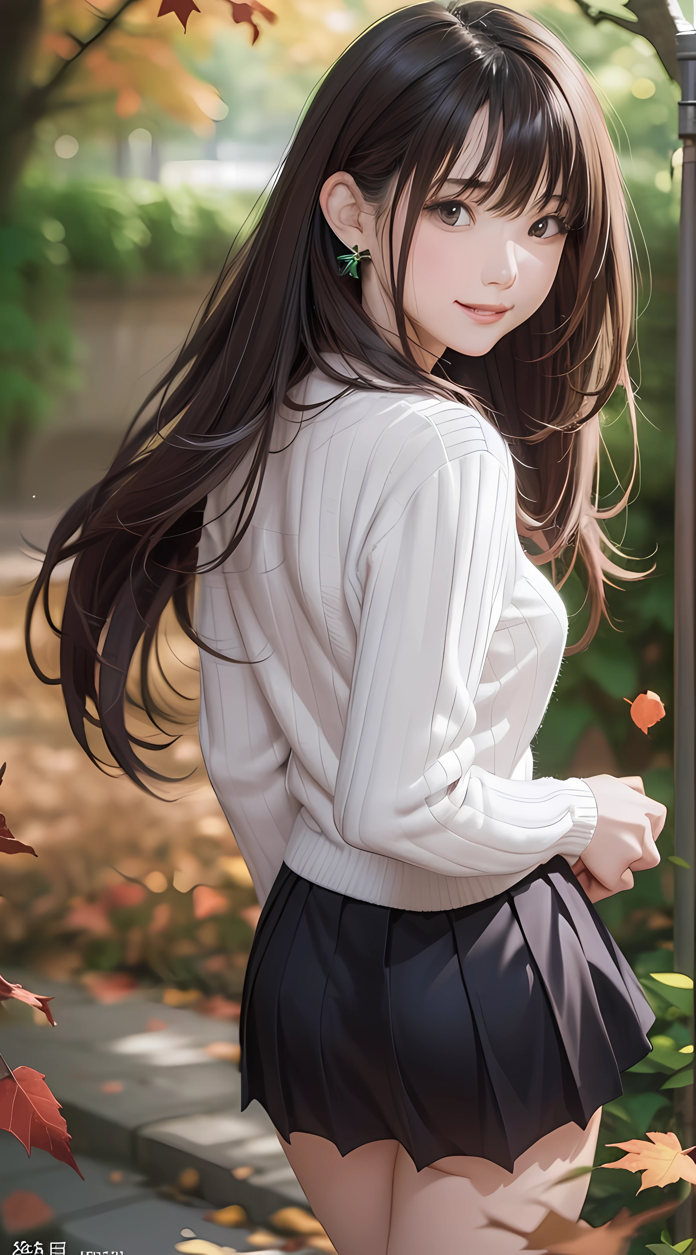(1girl:1.3), (photorealistic:1.4), (masterpiece, top quality, best quality, official art), extreme detailed, highest detailed, (ultra-detailed), ((an extremely delicate and beautiful)), dappled sunlight, falling dry leaves, contemporary, silky long hair, (brown hair), she Walking at the park, in evening, sweater, pleated skirt, Small leaves earrings, necklace, shy, smile, wave hand, (looking back:1.4), 24 years old, narrow waist, wide shot, dynamic angle, from above,