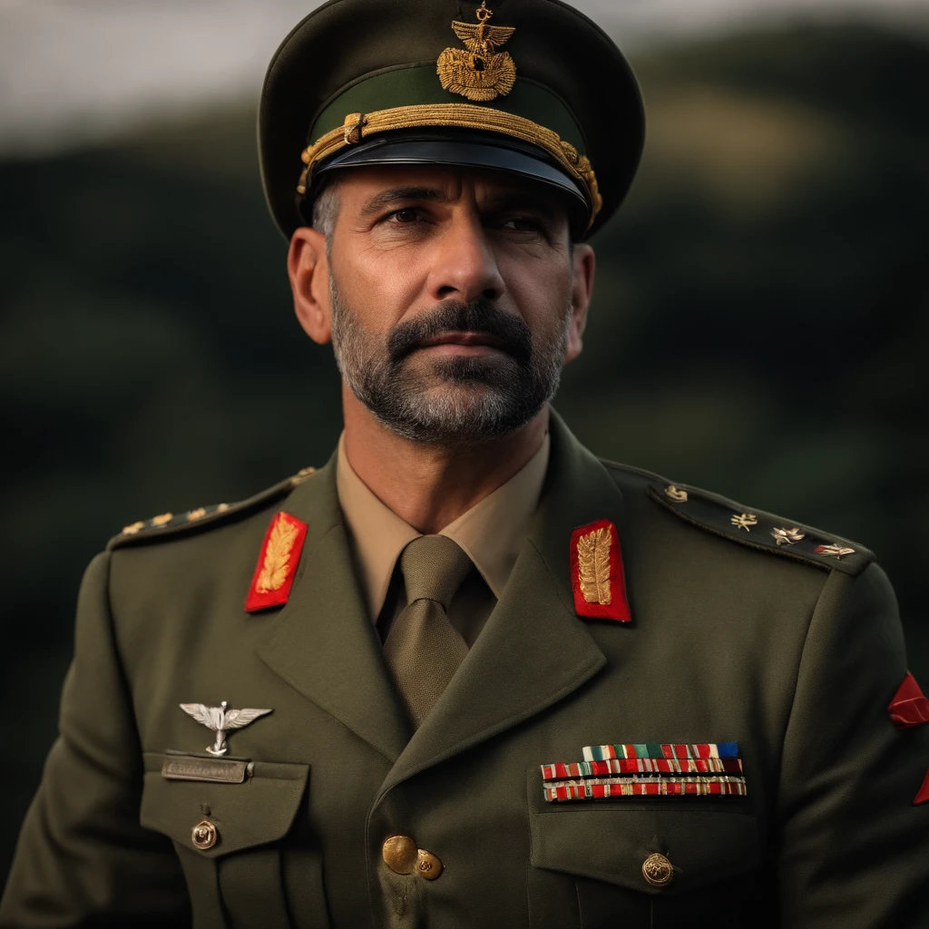 A realistic and detailed portrait of a Colonel of Roman descent in the Brazilian army, around 40 years old., He has a muscular and robust body., with black and gray military hair on the sides, and a thin scar on his face like a mark of bravery, he has a mustache. He is wearing a high-ranking olive green uniform of the Brazilian Army officer, adorned with medals and decorations. The background features an office of the Brazilian Army, with books and flags of Brazil and the Integralist Blue flag, The wall also has a picture of 2 Brazilian dictators and a realistic coat of arms., which contributes to the atmosphere of authority and respect. The veteran is sitting in a comfortable armchair, exuding wisdom and strength, and looking like a respected and esteemed leader