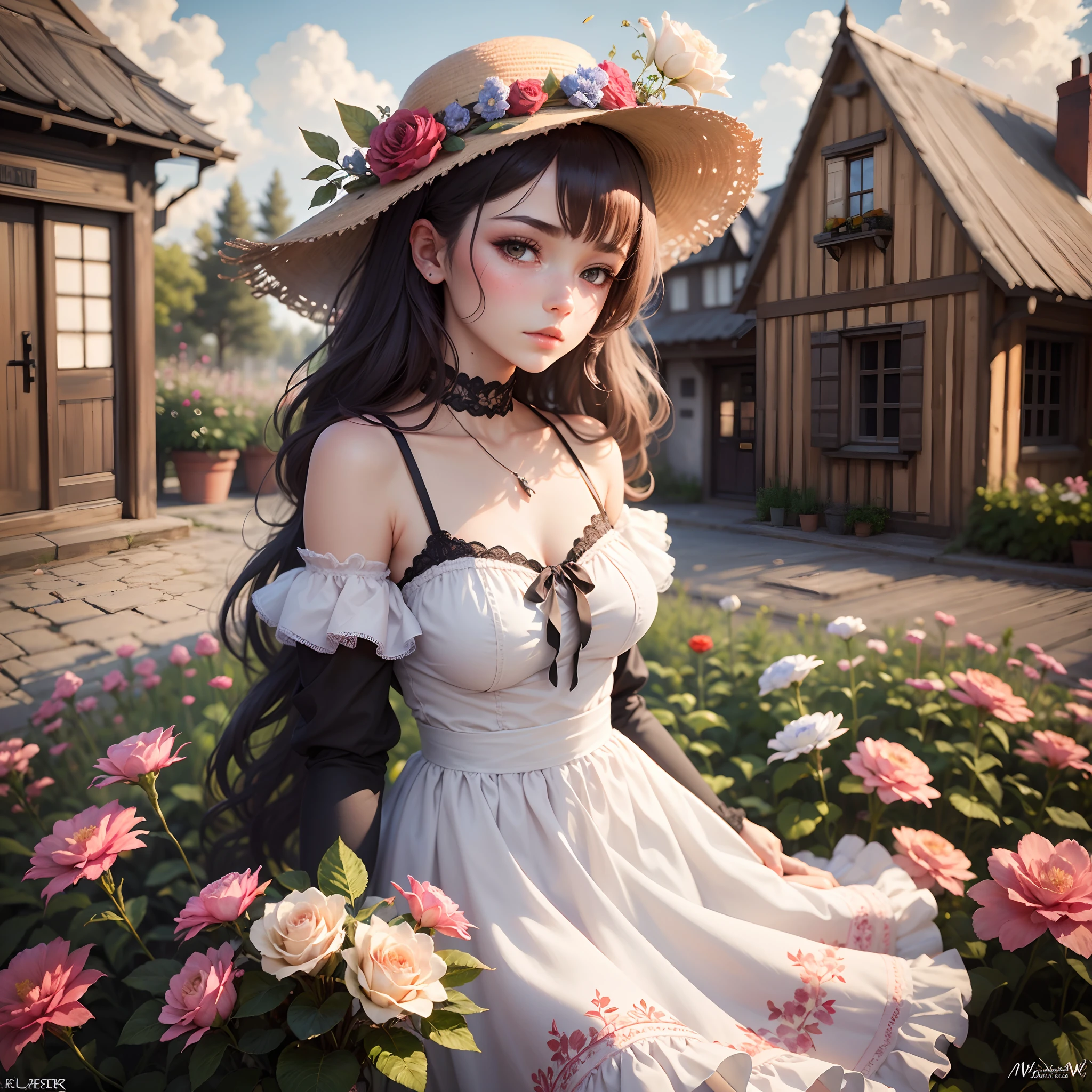 ((Meisterwerk, best quality)), 4Girls, Blume, nur, Kleid, haltend, Himmel, Wolke, hat, al fresco, Pony, Ostrich, Rose, ausdruckslos, flush, Rosa Haare, Blumenfeld, rote Blume, Rosa Augen, whitedress, Blick auf den Betrachter, Midium-Haar, Blume haltend, small boobs, Rote Rose, Holding a bouquet of flowers, Sonnenhut, white headwear, Depth of field,.