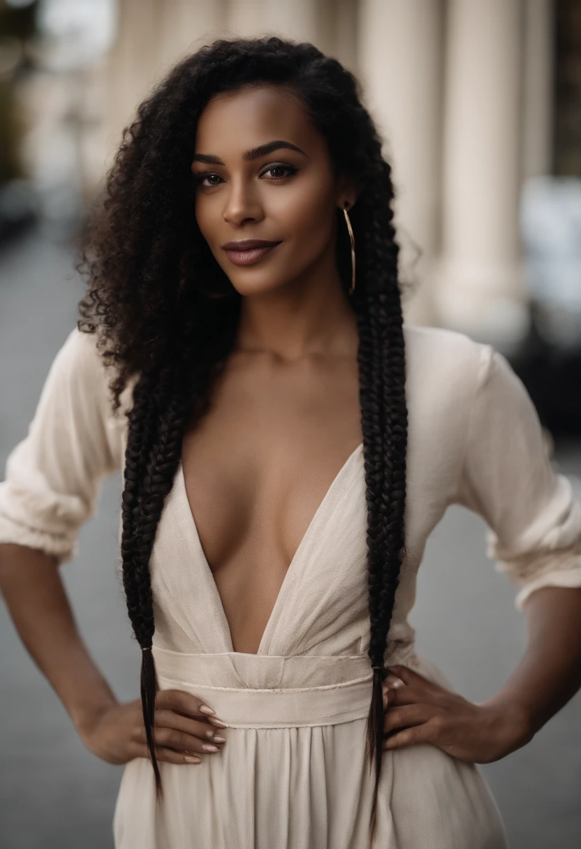 quero uma imagem de uma mulher negra, de olhos castanhos claros, nariz acabado, boca carnuda em um sorriso sexy, usando uma roupa com muito decote deixando seus seios fartos quase a mostra, Your hair should be braided into thin braids and over falling to the shoulders. Seu olhar deve ser penetrante e sedutor como se estivesse interessada em quem esta olhando a imagem. Uma Maquiagem leve, natural ressaltando a boca e seus olhos. Clothes can't have too many details, directing attention to the neckline and volume of the breasts.