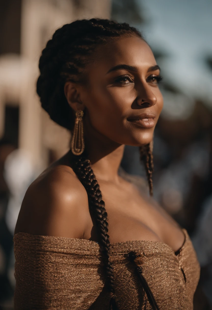 quero uma imagem de uma mulher negra, de olhos castanhos claros, nariz acabado, boca carnuda em um sorriso sexy, usando uma roupa com muito decote deixando seus seios fartos quase a mostra, Your hair should be braided into thin braids and over falling to the shoulders. Seu olhar deve ser penetrante e sedutor como se estivesse interessada em quem esta olhando a imagem. Uma Maquiagem leve, natural ressaltando a boca e seus olhos. Clothes can't have too many details, directing attention to the neckline and volume of the breasts.