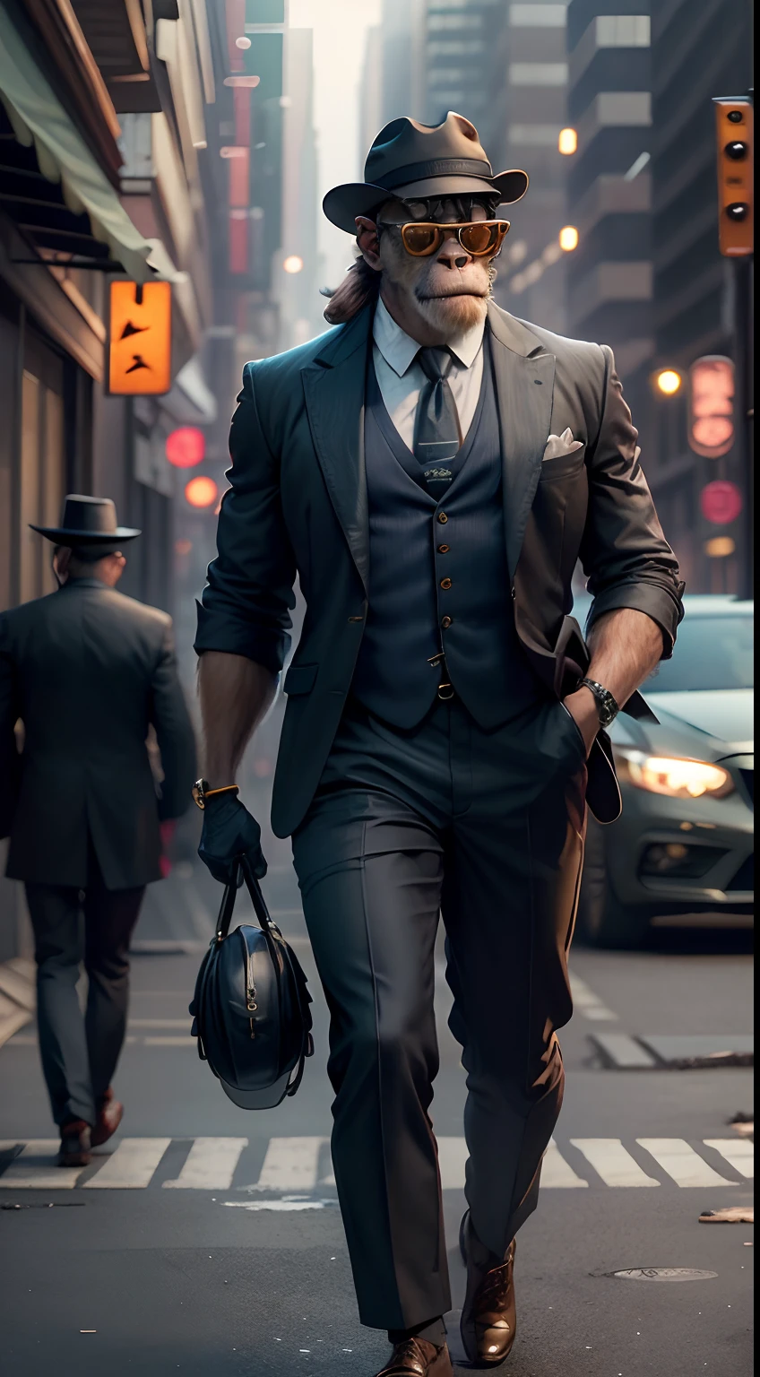An anthropomorphic monkey，Wear a jacket，Suspenders，Big scalp shoes，Hats，Wearing sunglasses，City streets，（depth of fields），（Movie lighting），（light and shadow effect），（Unreal 5），（tmasterpiece），（8k wallpaper），photorealestic，realisticlying