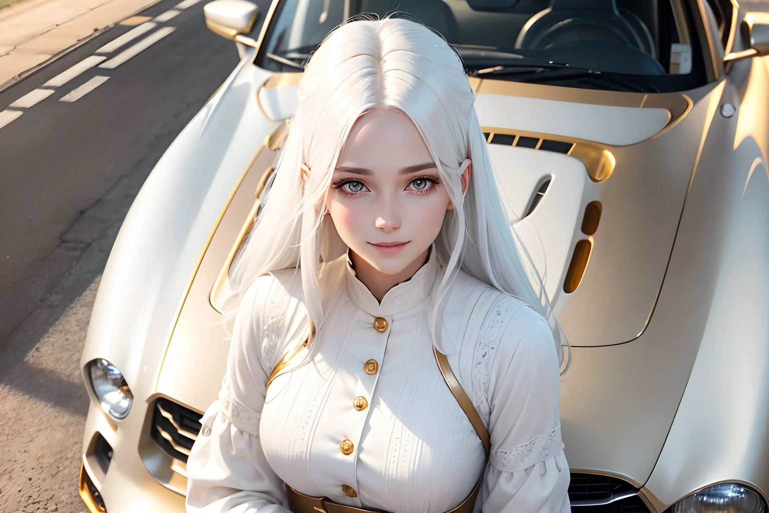 best quality, white hair, gold eyes, white clothes, looking up, upper body, hair strand, Fair skin, smiling, motor car