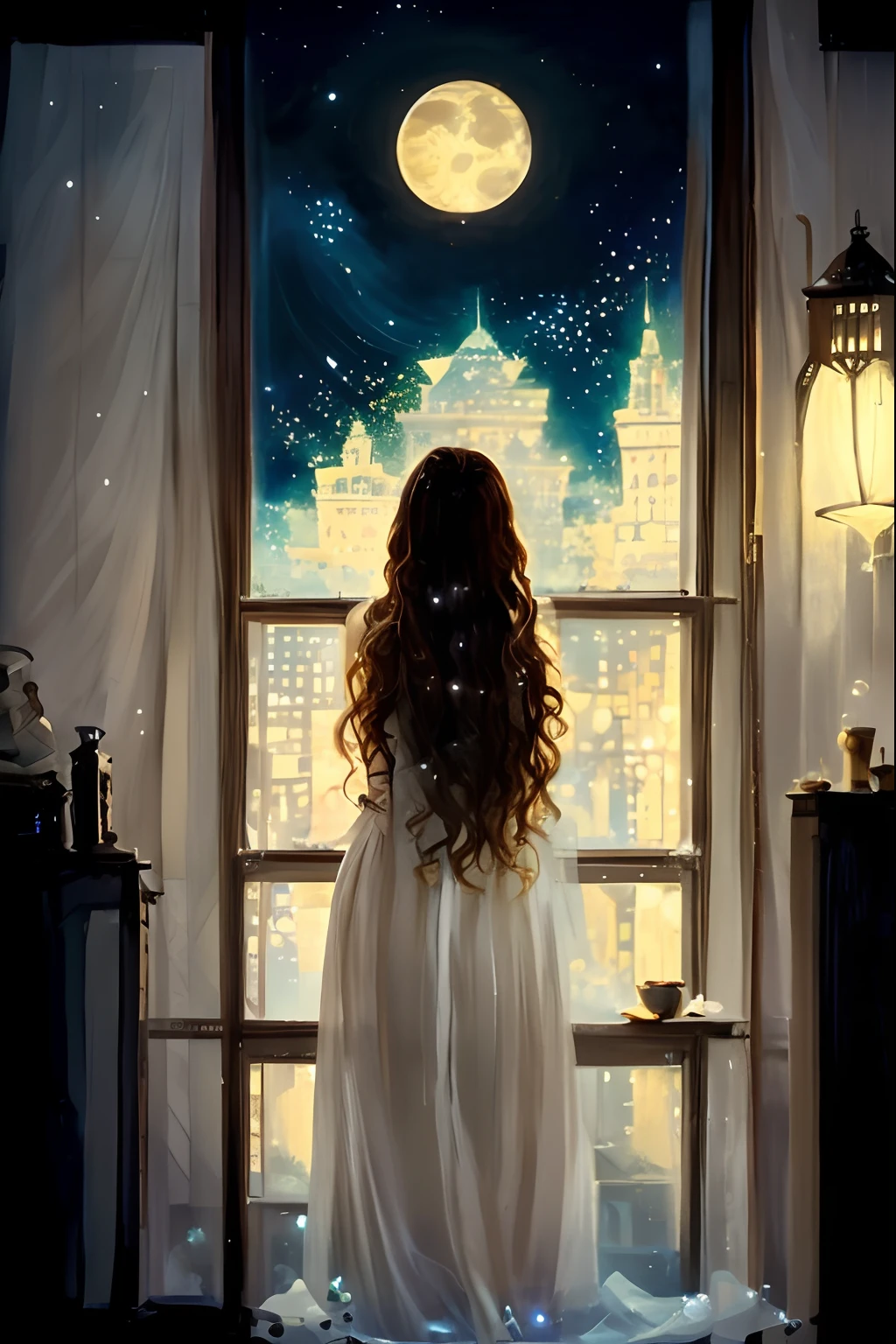 arafed woman looking out a window at a city at night, the girl on a windowsill, looking in the window, looking out the window, looking out of the window, looking out a window, beautiful fantasy painting, beautiful digital artwork, near the window, looking out window, near a window, beautiful depiction, beautiful fantasy art, a beautiful artwork illustration