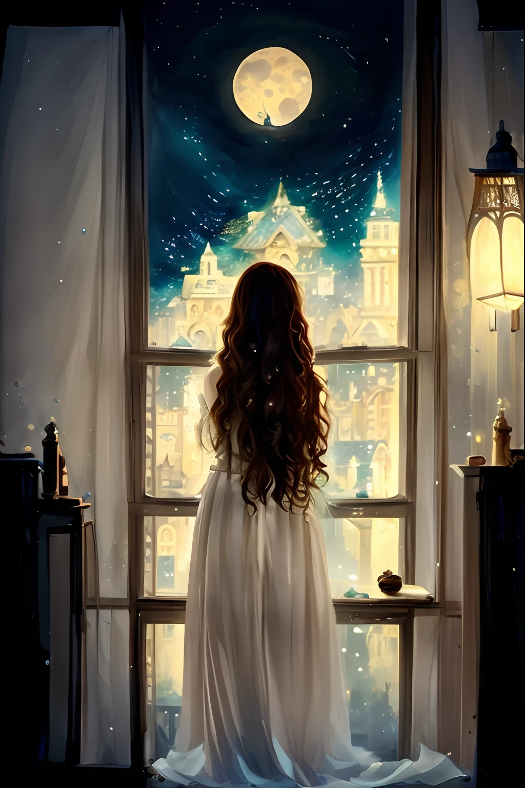 arafed woman looking out a window at a city at night, the girl on a windowsill, looking in the window, looking out the window, looking out of the window, looking out a window, beautiful fantasy painting, beautiful digital artwork, near the window, looking out window, near a window, beautiful depiction, beautiful fantasy art, a beautiful artwork illustration